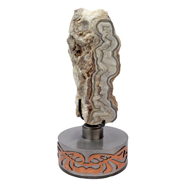 Closeup photo of Laguna Lace Agate End Cut On A Rotating Abstract Two Tone Custom Stand