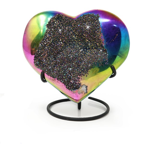 Closeup photo of Rainbow Titanium Druze Geode Heart On Fitted Spiral Stand - Star Shaped Flat Druze Pocket