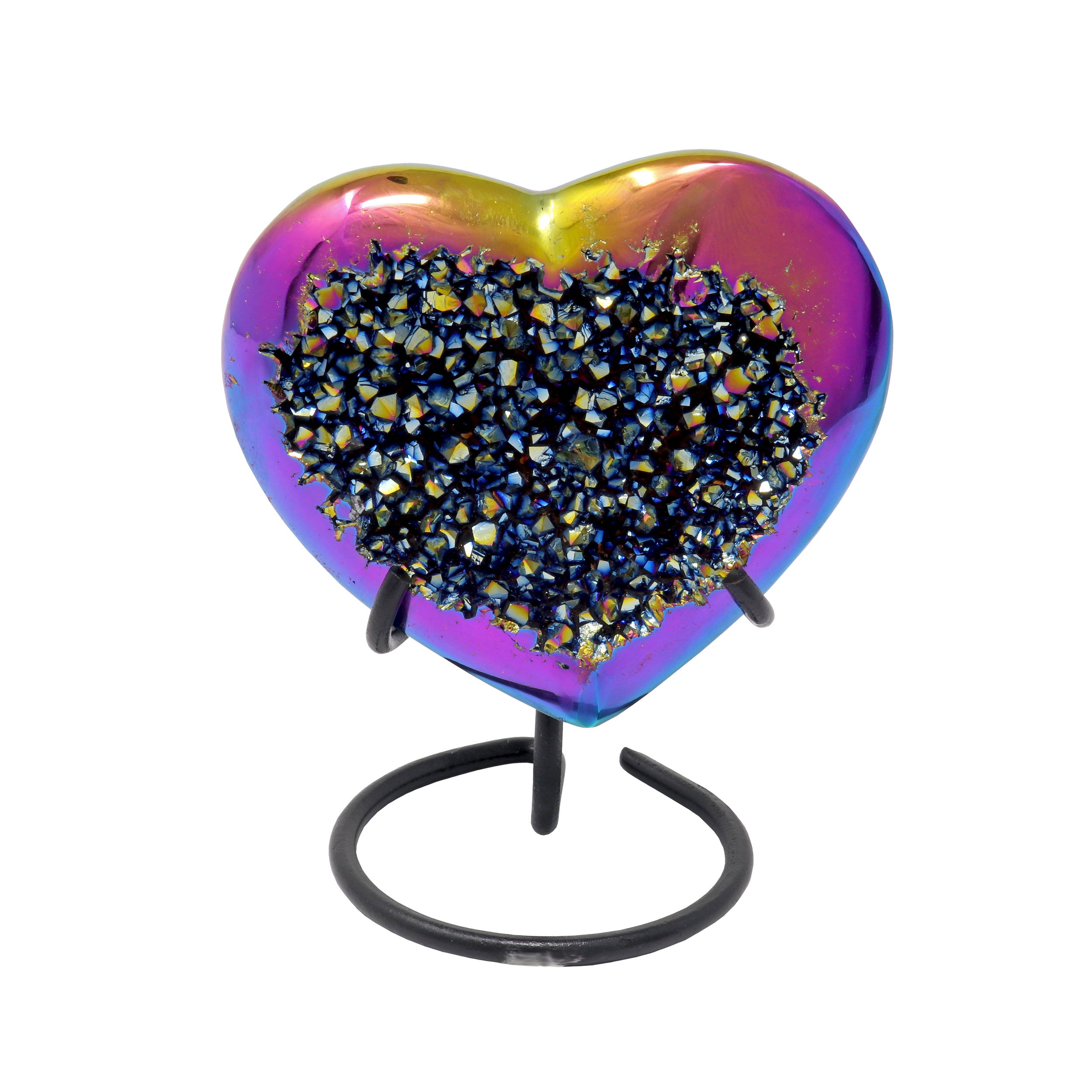 Rainbow Titanium Druze Geode Heart on Fitted Spiral Stand - Flat Druze Face with Medium Sized Crystals