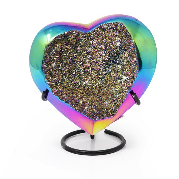 Closeup photo of Rainbow Titanium Druze Geode Heart On A Fitted Spiral Stand - Shallow Druze Pocket