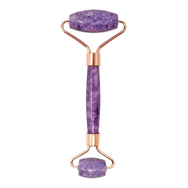 Closeup photo of Lepidolite Facial Roller With Rose Gold Hardware