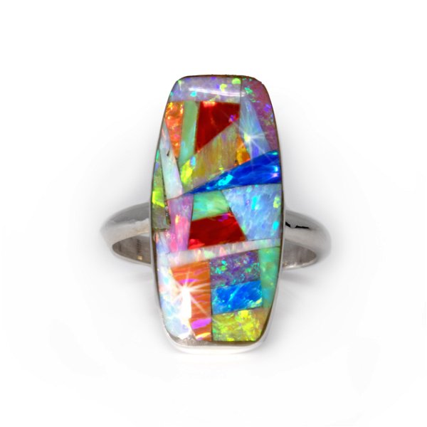 Closeup photo of Multi Fire Opal Inlay Ring - Simple Tapered Rectangle With Multicolor Geometric Inlay & Silver Bezel Sz6