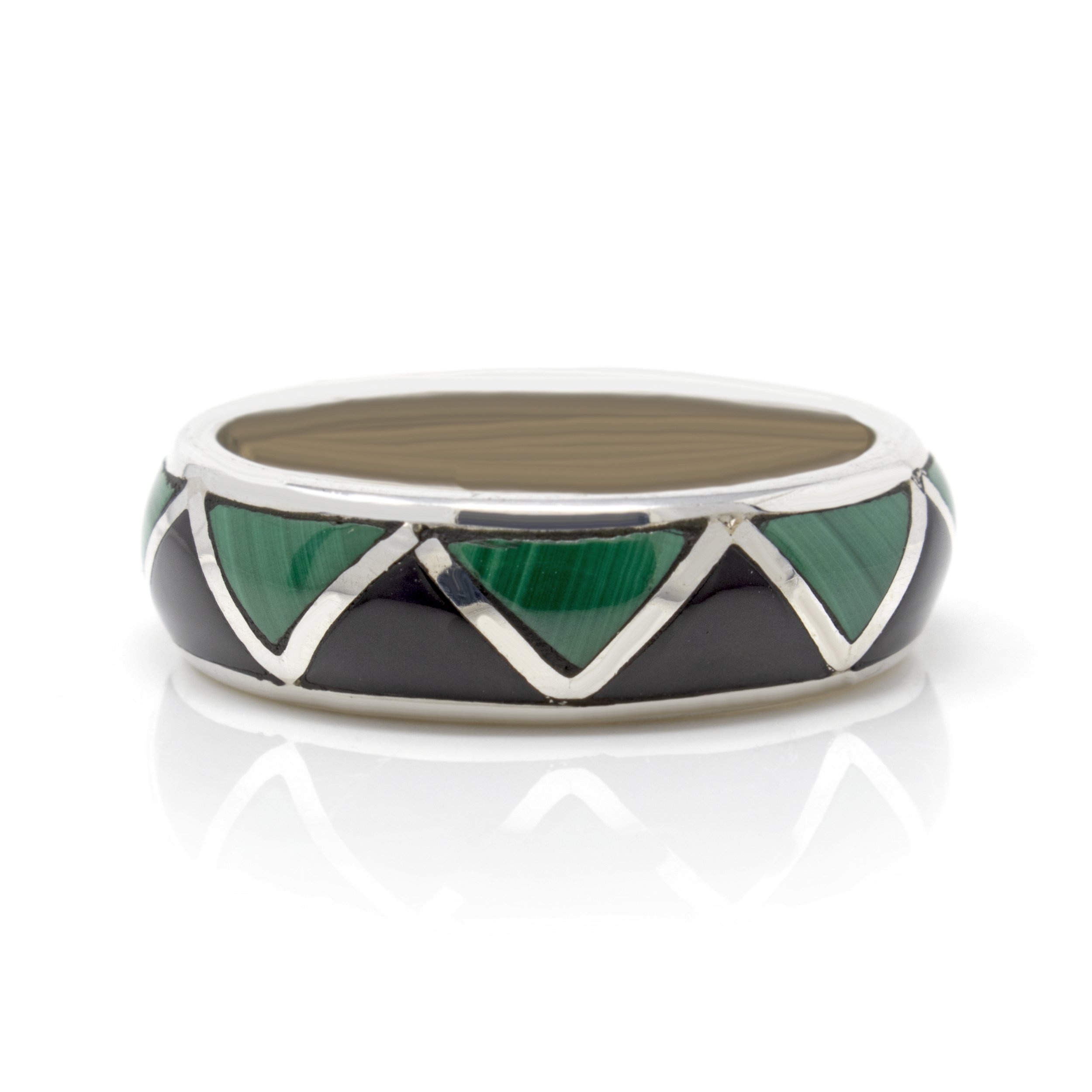 Black Onyx & Malachite Inlay Ring Size 12 - All Around Triangle Inlay With Silver Zig-zag Channeling