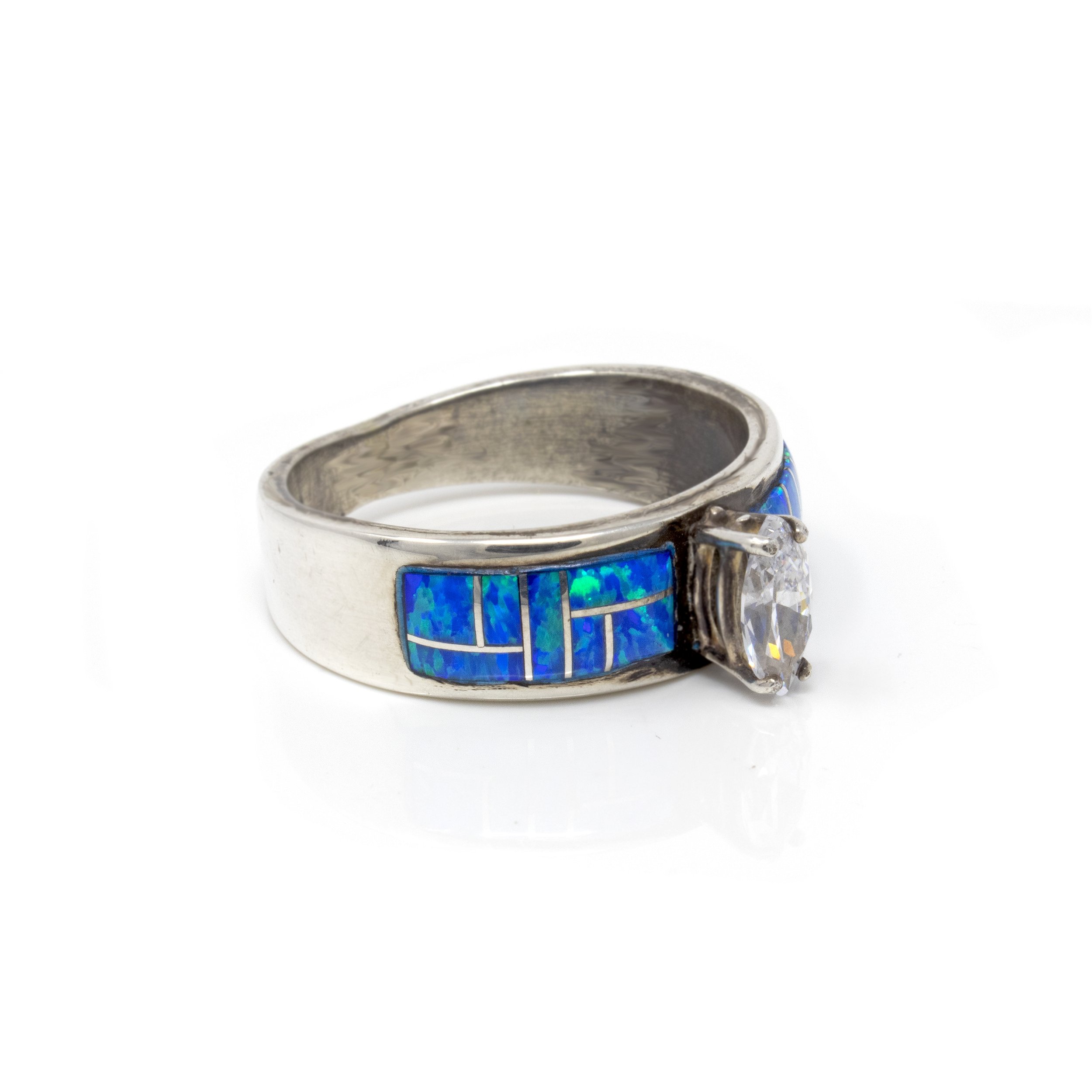 Blue Opal Ring Size 6 - Band Top Rectangular Inlay With Silver Channeling & Prong Set Cz Crystal Marquis