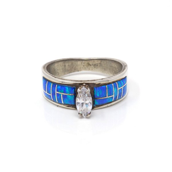 Closeup photo of Blue Opal Ring Size 6 - Band Top Rectangular Inlay With Silver Channeling & Prong Set Cz Crystal Marquis