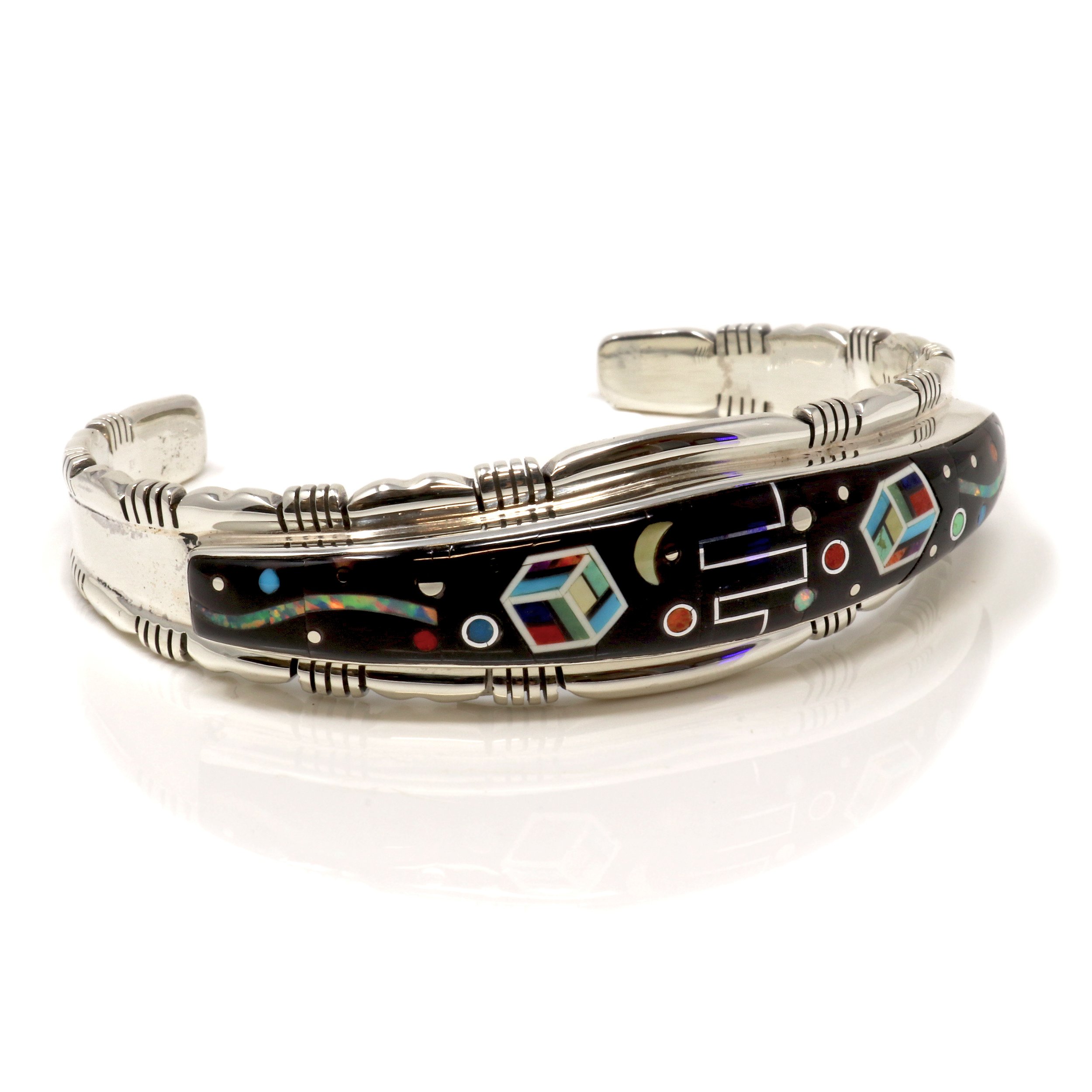 Night Sky Micro Inlay Cuff Bracelet - Tapered Micro Inlay With Rubix Cube Detail & Scalloped Silver Bezel Edge