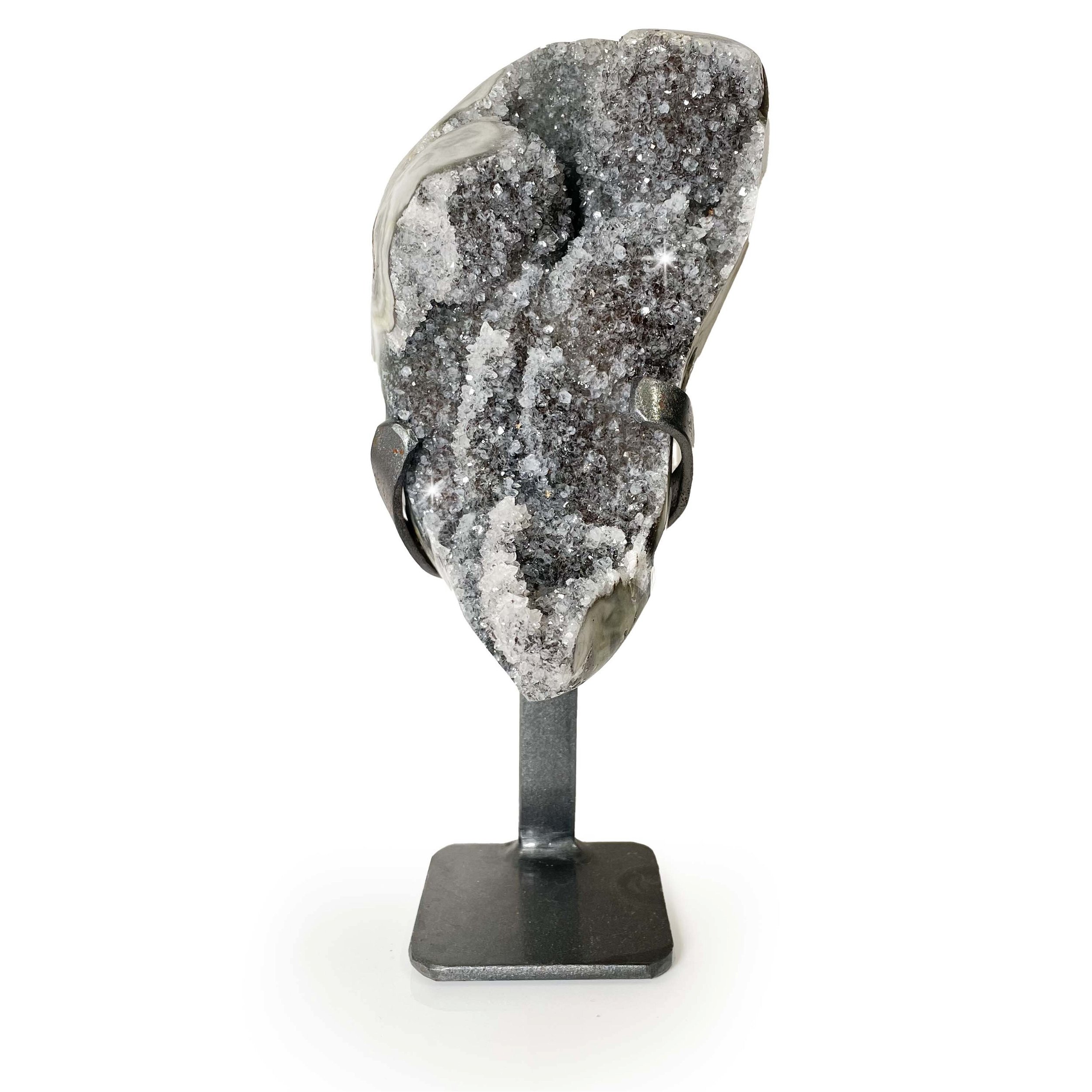 Druze Geode On A Fitted Spiral Stand - Icy Gray With White Agate