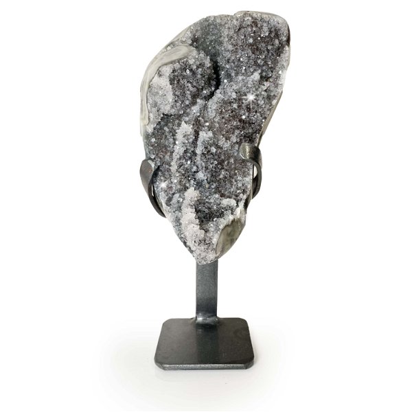 Closeup photo of Druze Geode On A Fitted Spiral Stand - Icy Gray With White Agate
