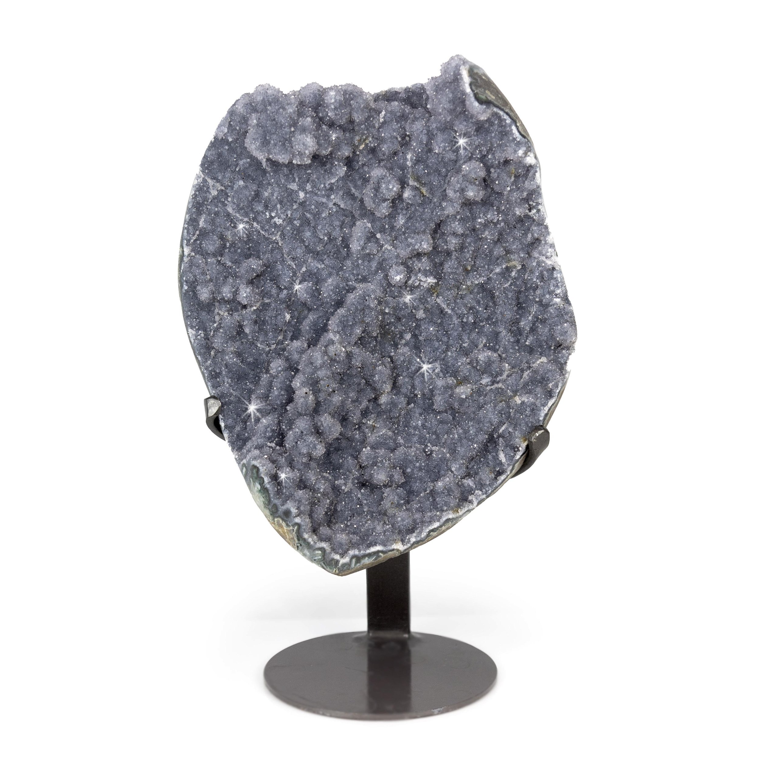 Druze Geode On A Fitted Spiral Stand - Blue Gray With "Veins" Of Calcite