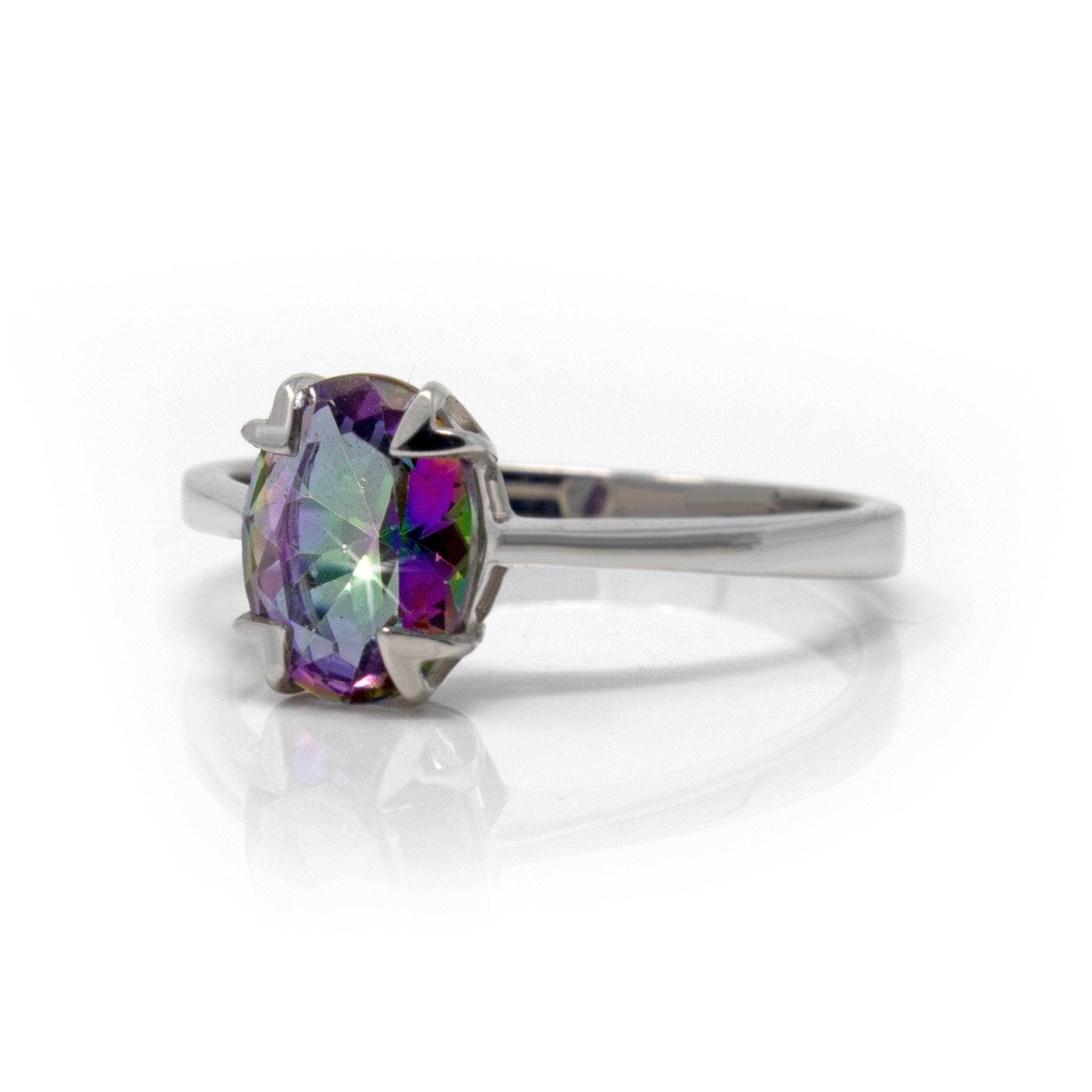 Mystic Topaz Ring Size 5 - Faceted Prong Set Oval With Fancy Open Silver Prongs & Bezel Set On Silver Vert Band
