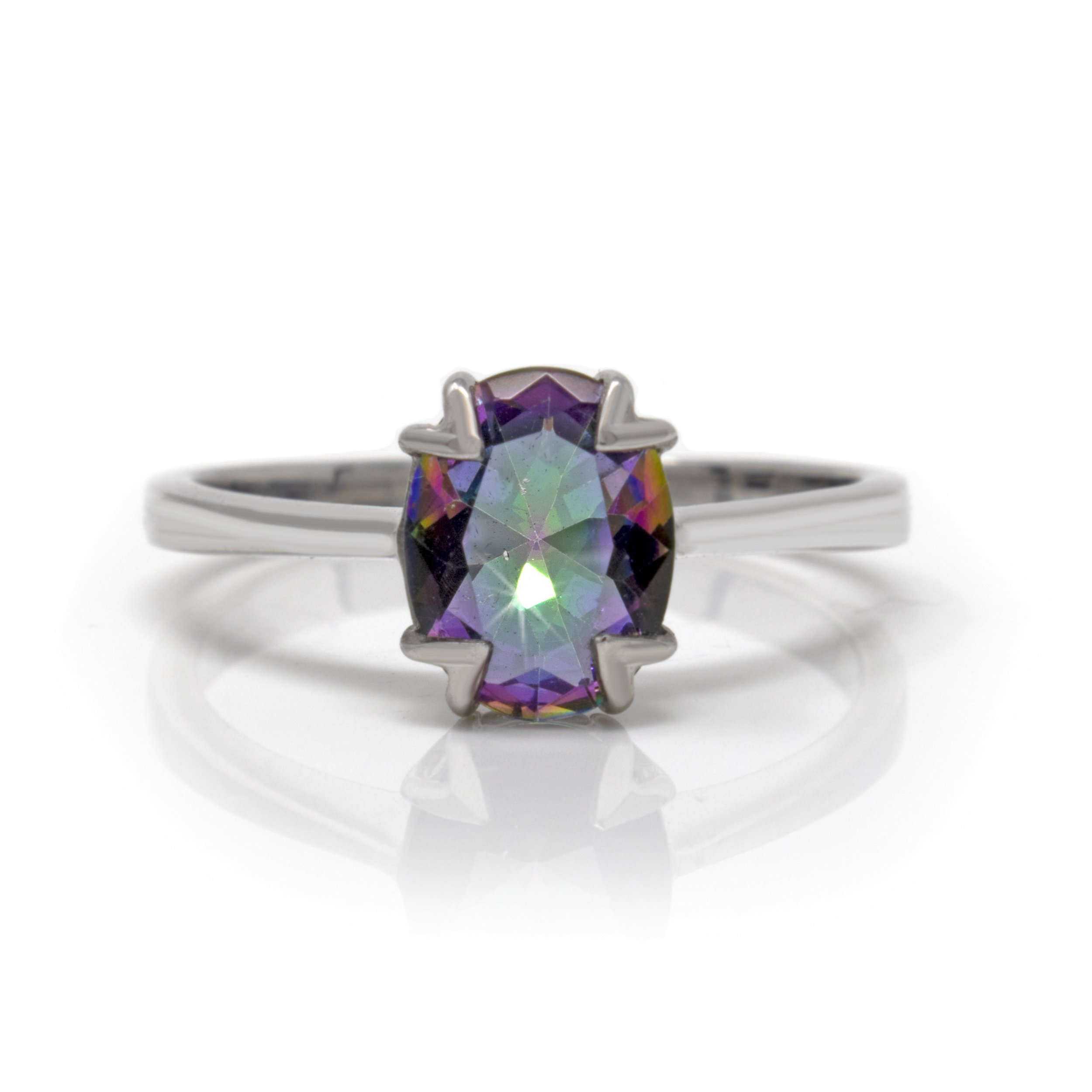 Mystic Topaz Ring Size 10 - Faceted Prong Set Oval With Fancy Open Silver Prongs & Bezel Set On Silver Vert Band