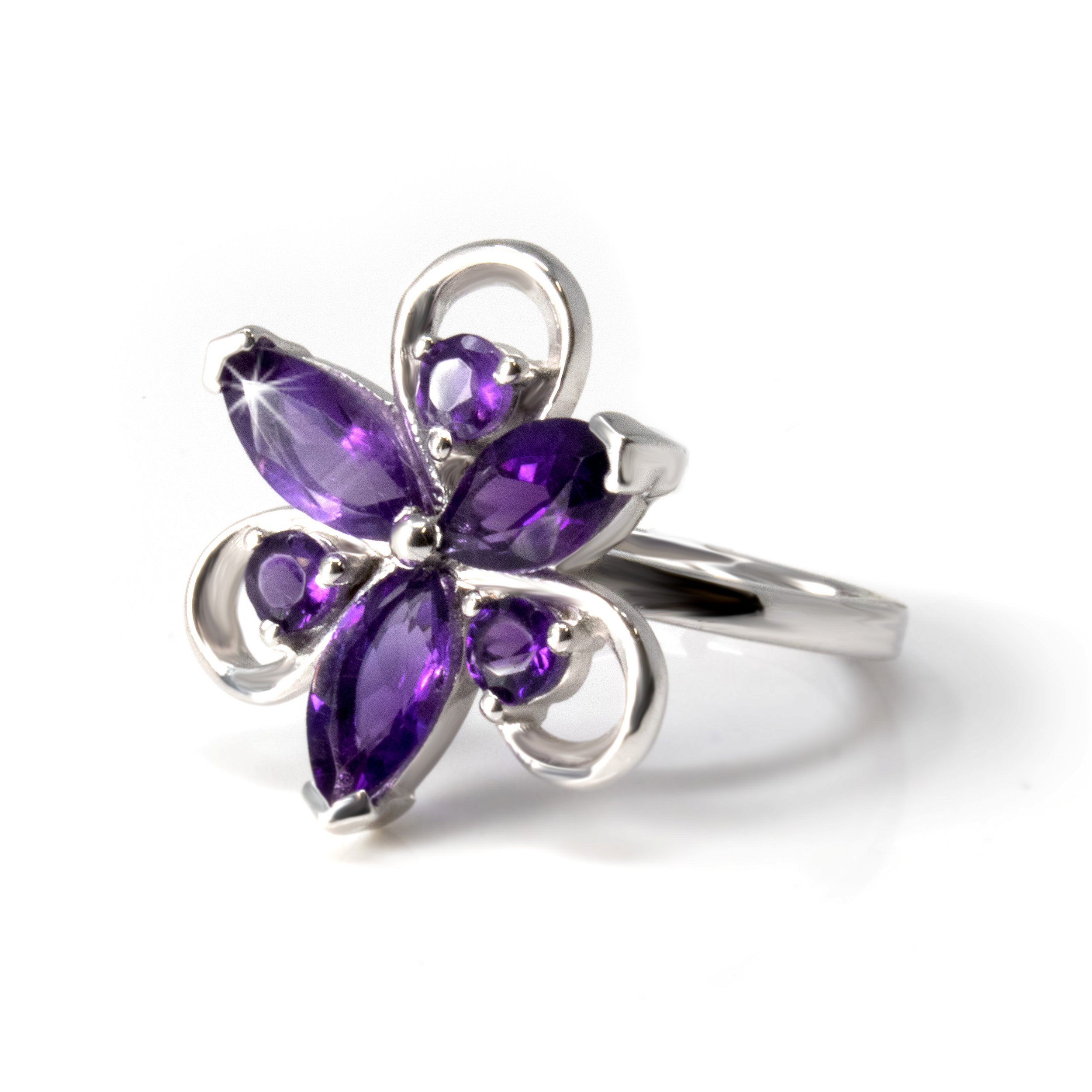 Faceted Amethyst Ring Size 5 - with 3 Faceted Sharp Ovals & 3 Faceted Rounds With Silver Loop Detail - Water Lily Shape - Prong Set