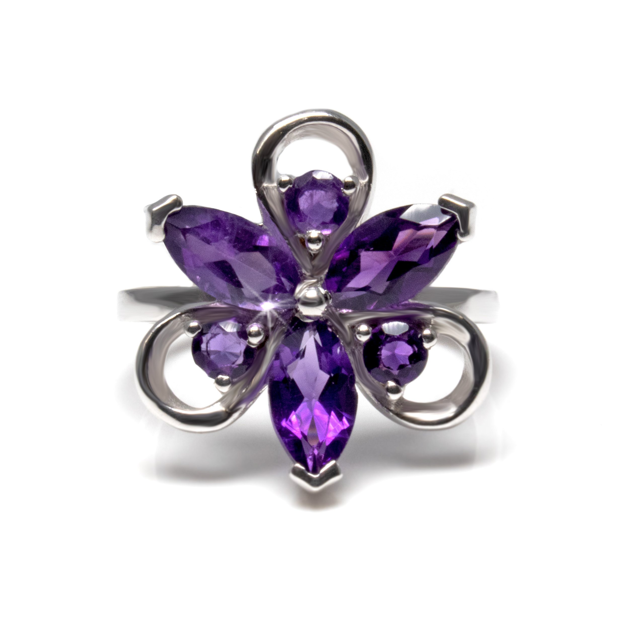 Faceted Amethyst Ring Size 6 - with 3 Faceted Sharp Ovals & 3 Faceted Rounds With Silver Loop Detail - Water Lily Shape - Prong Set