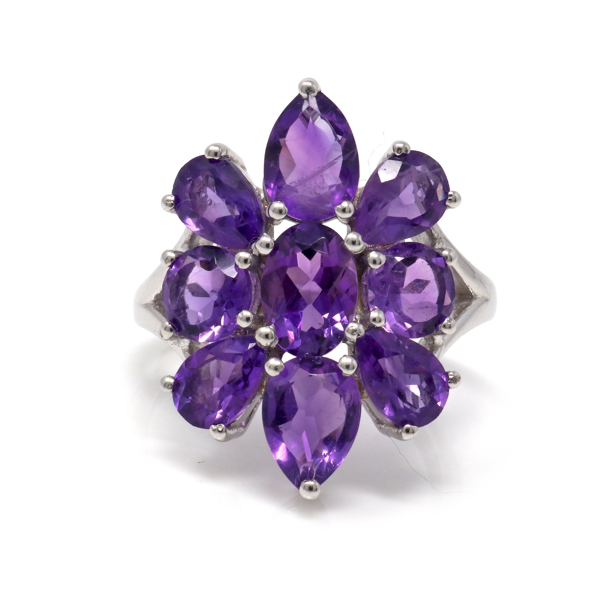 Amethyst Ring Size 6 - with 9 Faceted Stones In Shape Of Dahlia Flower Set On Silver Band With Cutout Top - Prong Set