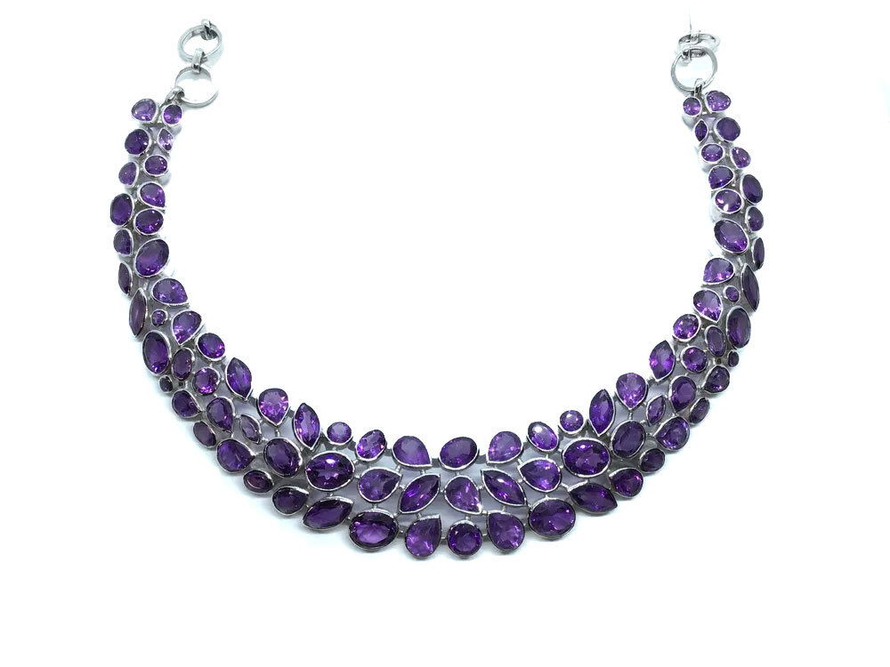 Faceted Amethyst Necklace - Faceted Geometric Matrix With Ivy Pattern & Tall Silver Bezel