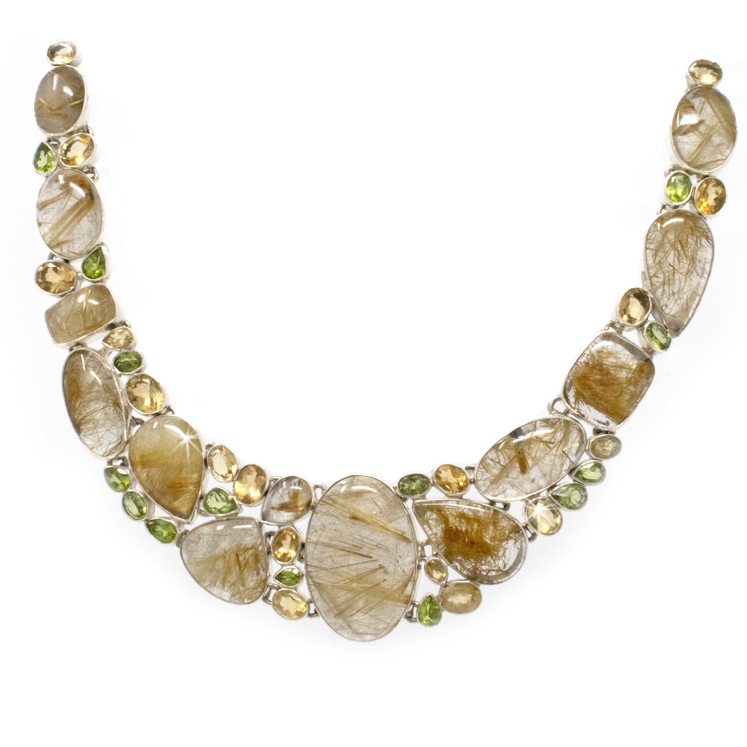 Golden Rutile Quartz Necklace With Faceted Citrine & Peridot - Large Geometric Cabochons With Matrix Of Faceted Peridot & Citrine With Silver Bezels & Adjustable Toggle Clasp