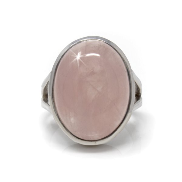 Closeup photo of Rose Quartz Ring Size 7 - Simple Oval Cabochon With Tall Silver Bezel & Narrow Cut Out On Band Top