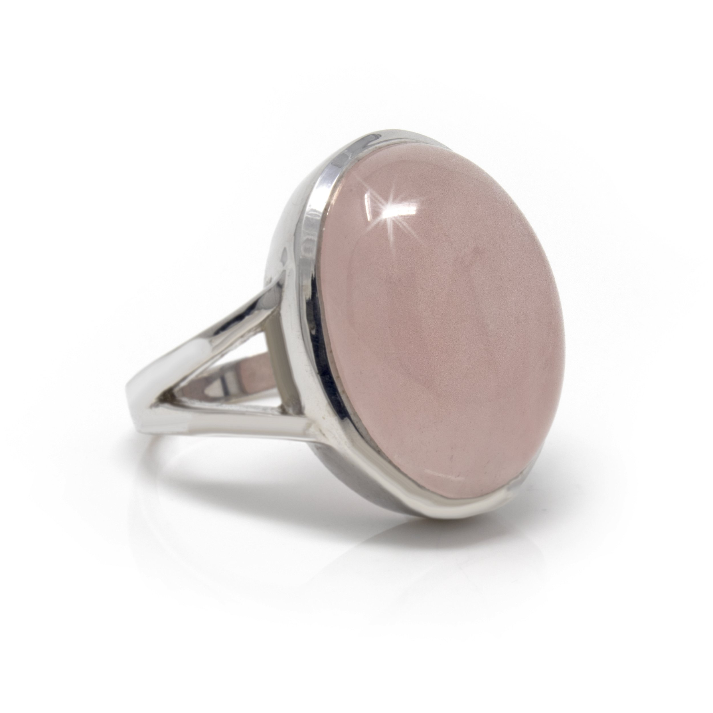 Rose Quartz Ring Size 8- Simple Oval Cabochon With Tall Silver Bezel & Narrow Cut Out On Band Top