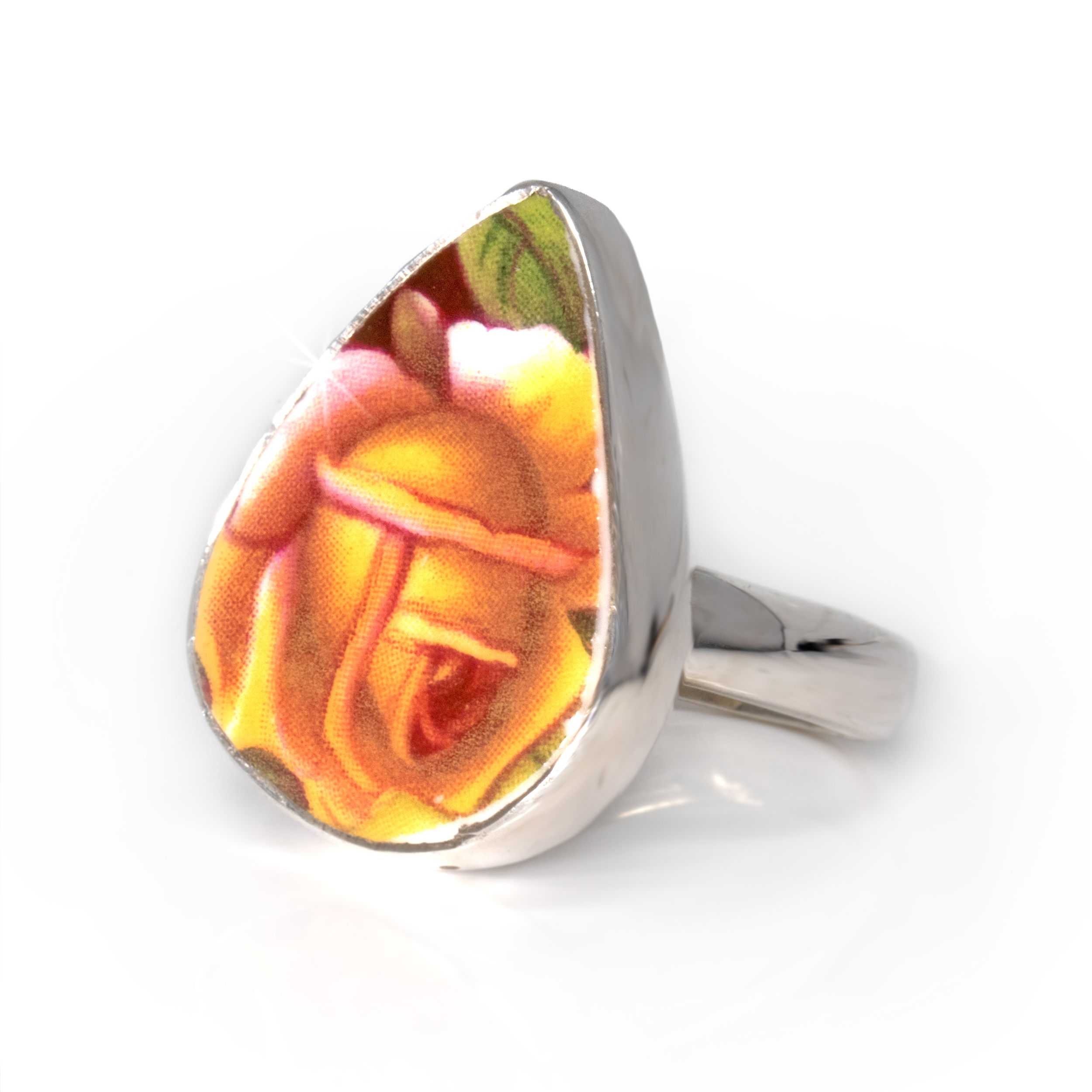 Porcelain Rose Ring Size 8 - Pear with Large Orange Rose & Silver Bezel