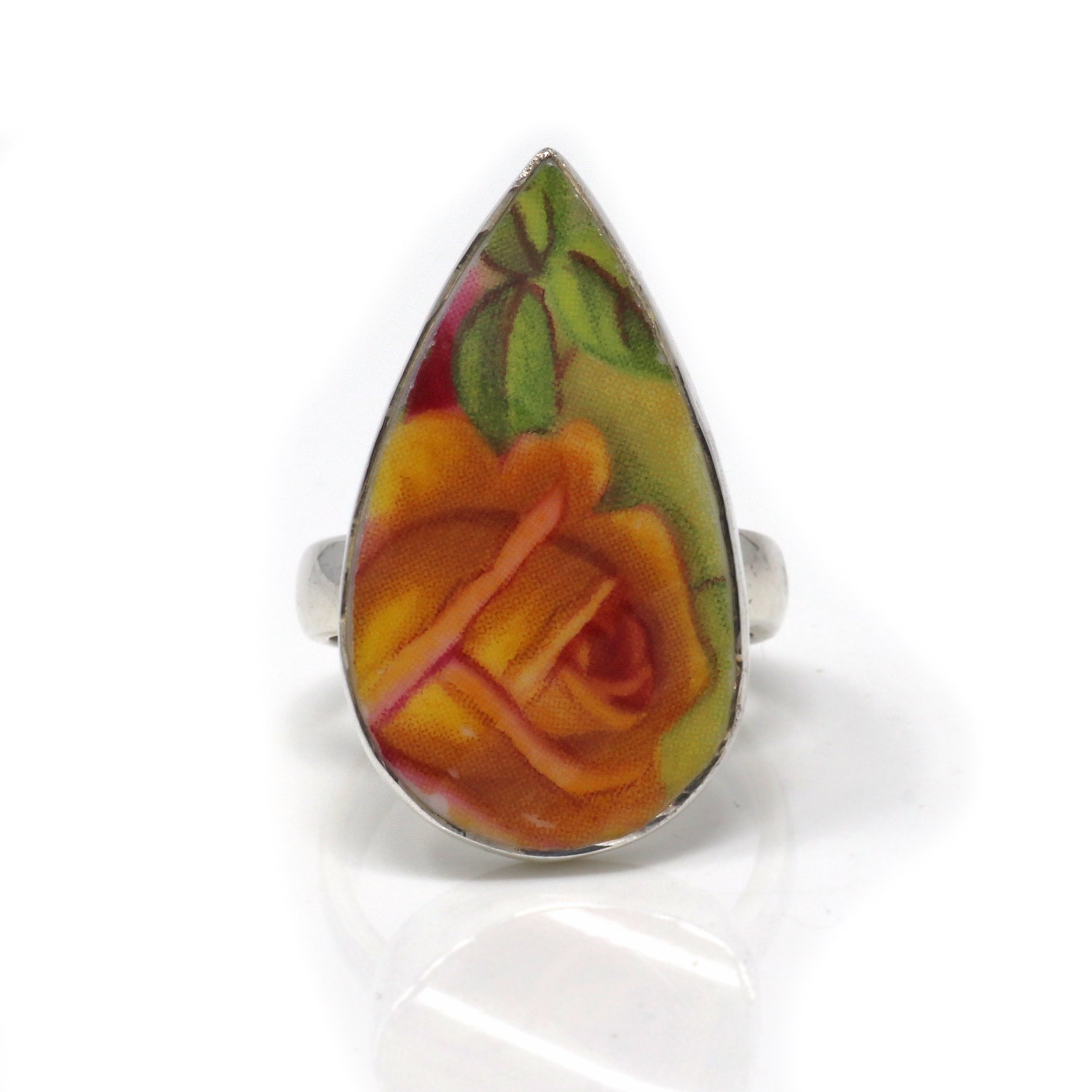 Porcelain Rose Ring Size 8 - Pear With Silver Bezel & Marigold Hued Rose