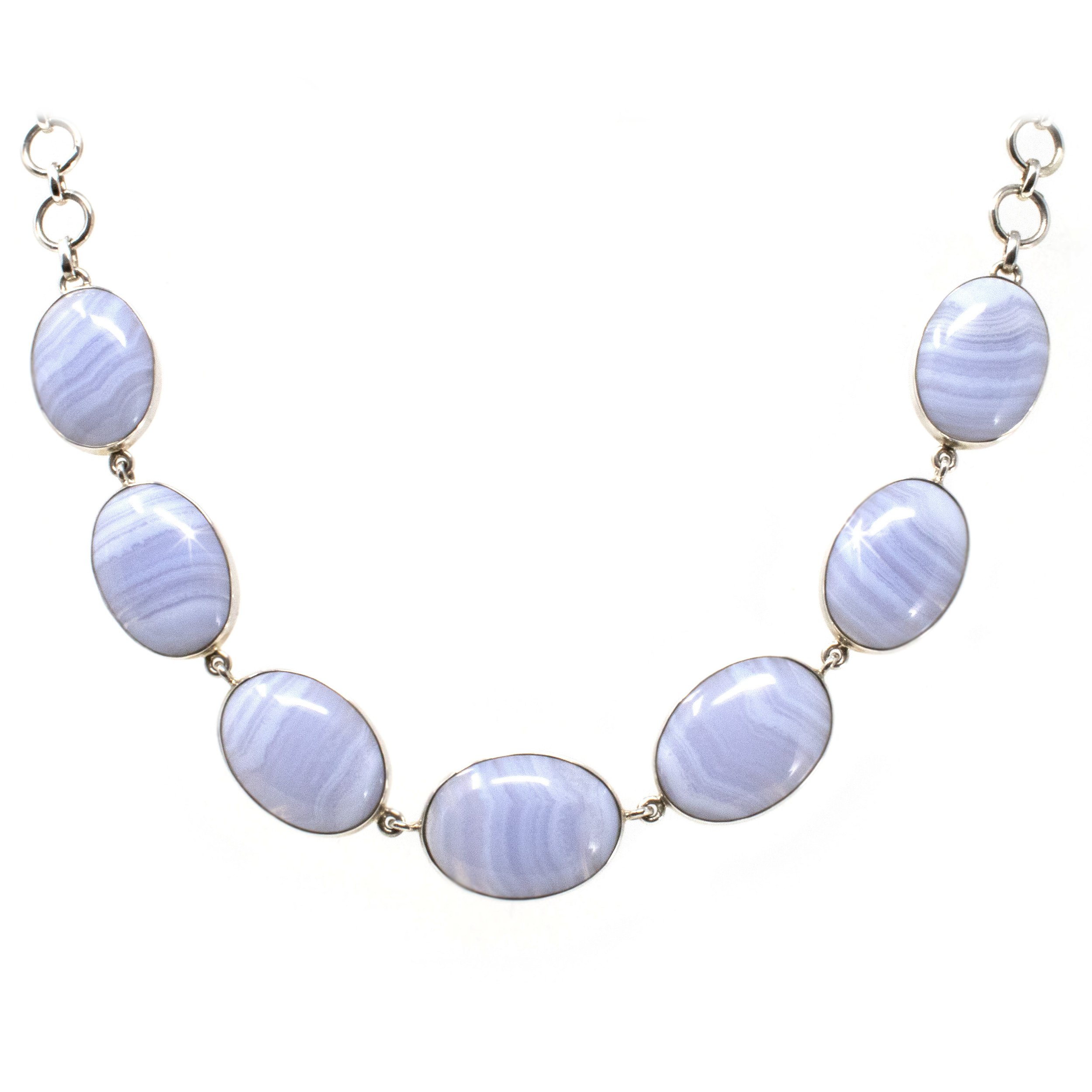 Blue Lace Agate Necklace - 7 Simple Oval Cabochons With Silver Bezels
