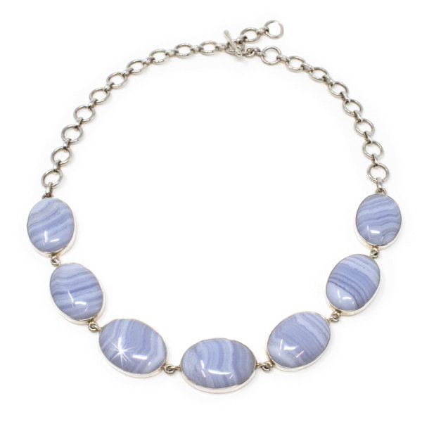 Closeup photo of Blue Lace Agate Necklace - 7 Simple Oval Cabochons With Silver Bezels