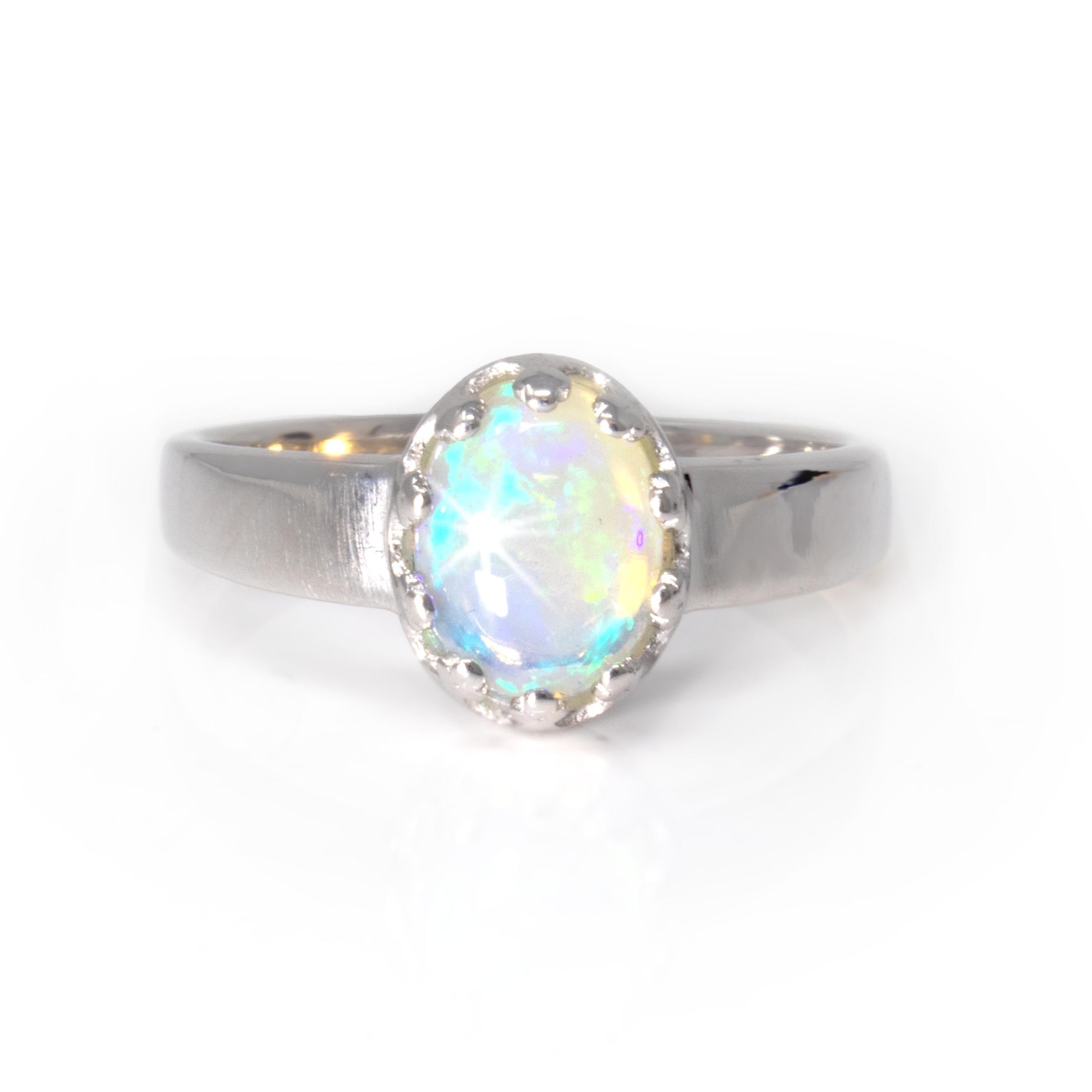 Ethiopian Opal Ring Size 5 - Simple Oval Cabochon With Silver Princess Style Bezel & Tapered Band