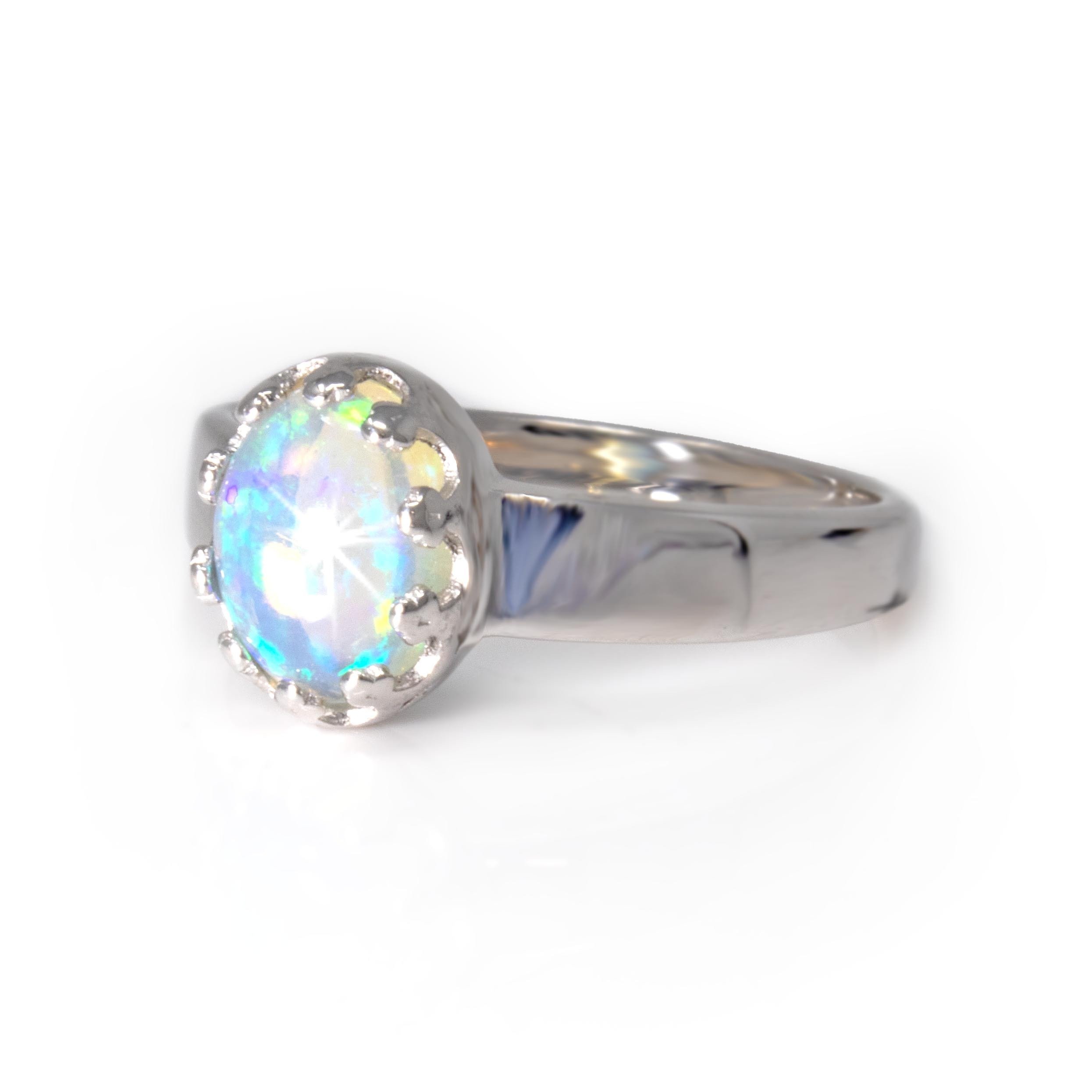 Ethiopian Opal Ring Size 8 - Simple Oval Cabochon With Silver Princess Style Bezel & Tapered Band
