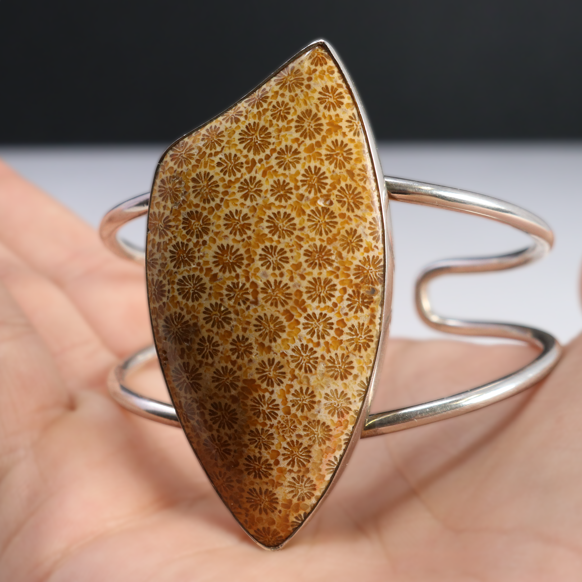 Fossilized Coral Cuff - Large Freeform with Silver Bezel Set on Simple 2-band Cuff