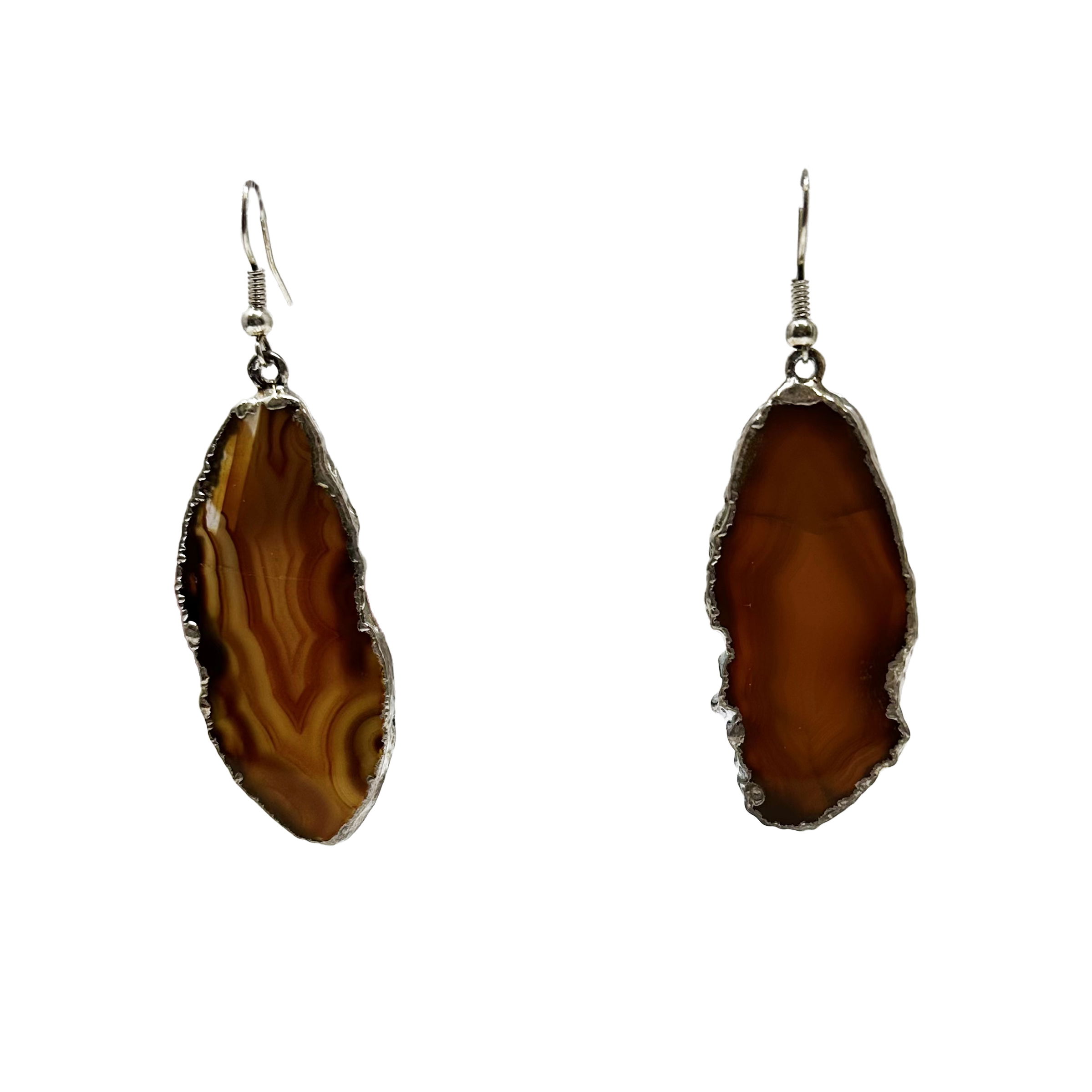 Silver Plated Natural Agate Earrings - Brown