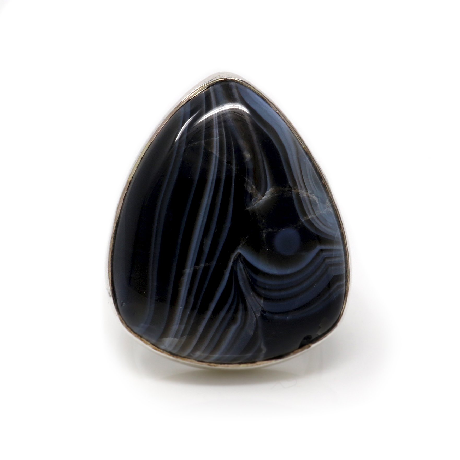 Banded Agate Ring Size 5 - Pear Cabochon With Silver Bezel - Densely Banded Black With Espresso & White