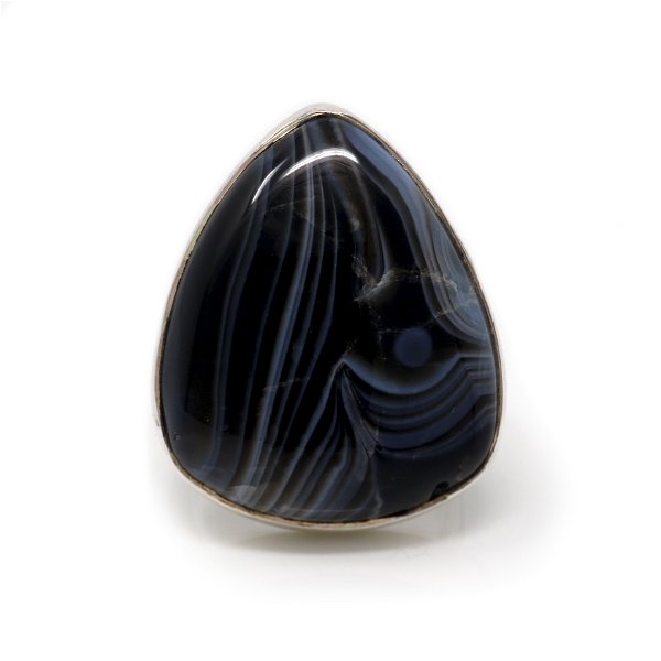 Closeup photo of Banded Agate Ring Size 5 - Pear Cabochon With Silver Bezel - Densely Banded Black With Espresso & White