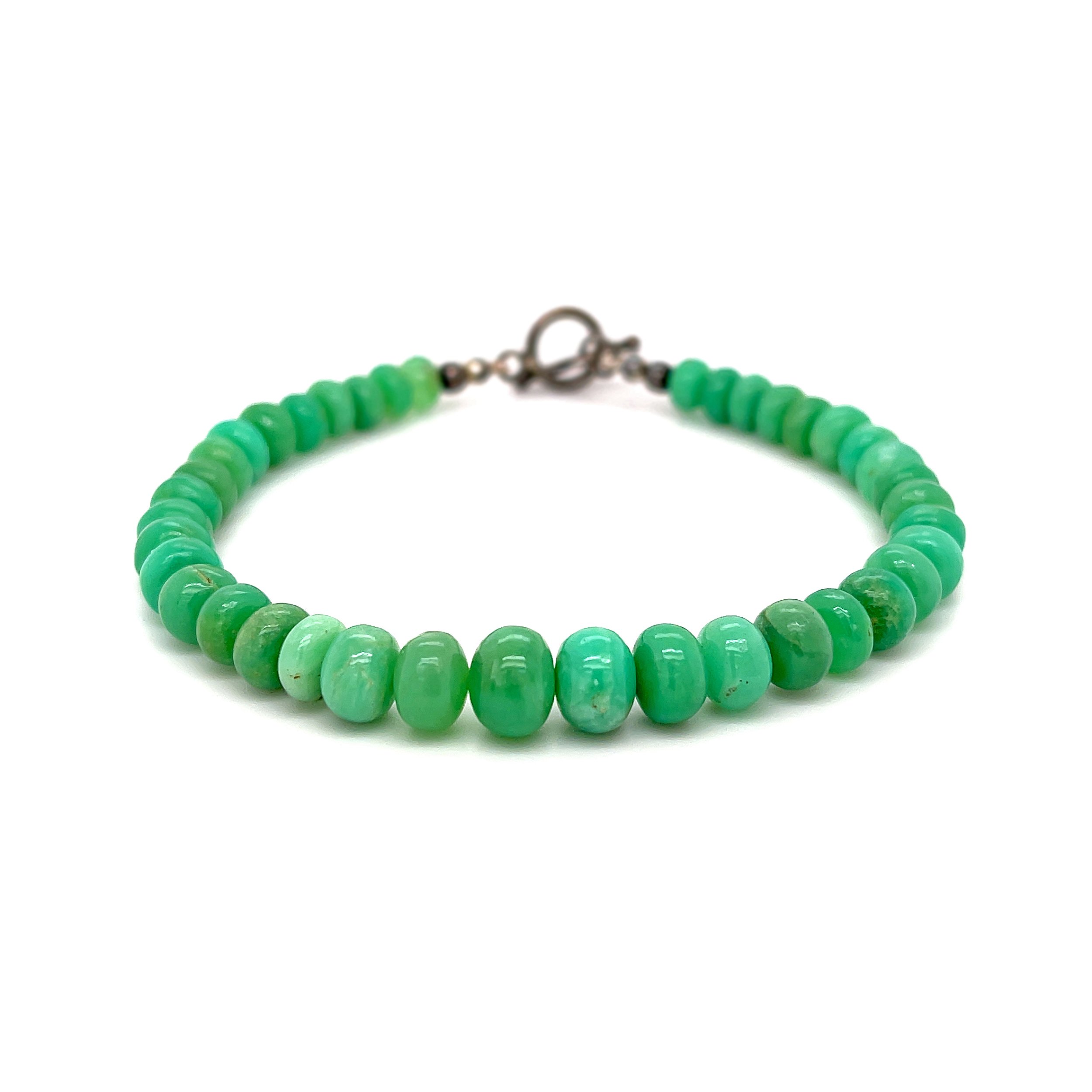 Chrysoprase Beaded Bracelet - Smooth Rondelle Beads With Silver Beading Accents & Toggle Clasp