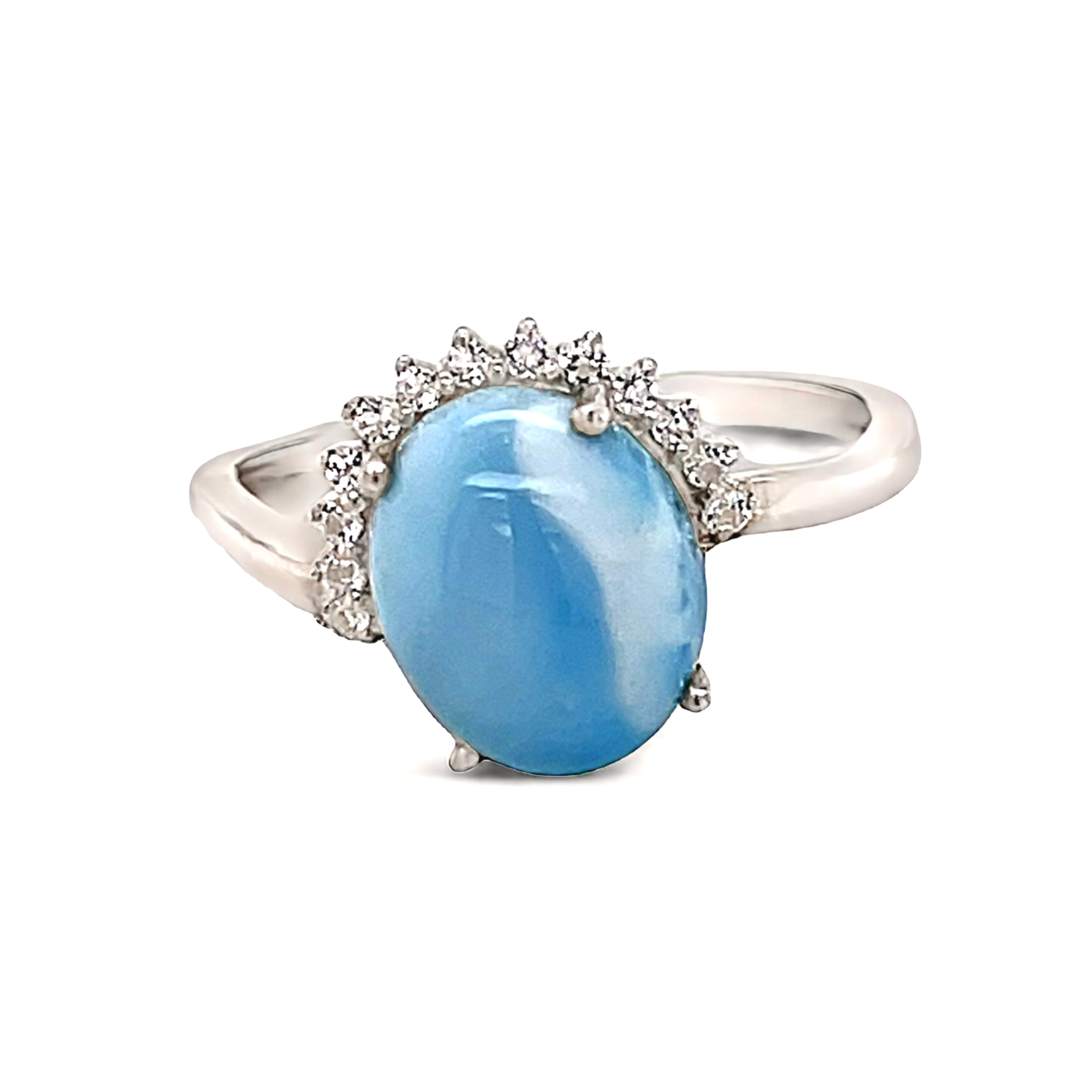 Elevate your style with this unique Larimar Ring. Crafted with a stunning Larimar gemstone and sparkling cubic zirconia accents, this ring exudes elegance. The sterling silver band adds sophistication. Perfect for any occasion, this one-of-a-kind piece will make you stand out. Larimar Ring Size 8 - Prong Set Oval with White Czs Crescent Set in Silver Bezel