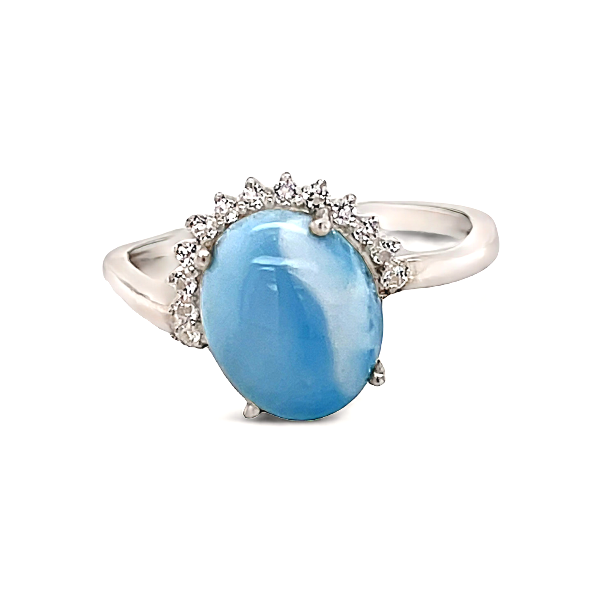 Larimar Ring Size 10 - Prong Set Oval With White Czs Set In Half The Silver Bezel