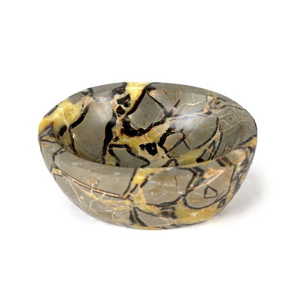 Closeup photo of Septarian Bowl From Madagascar - Gray Geometric Shaping With Canary Yellow Background