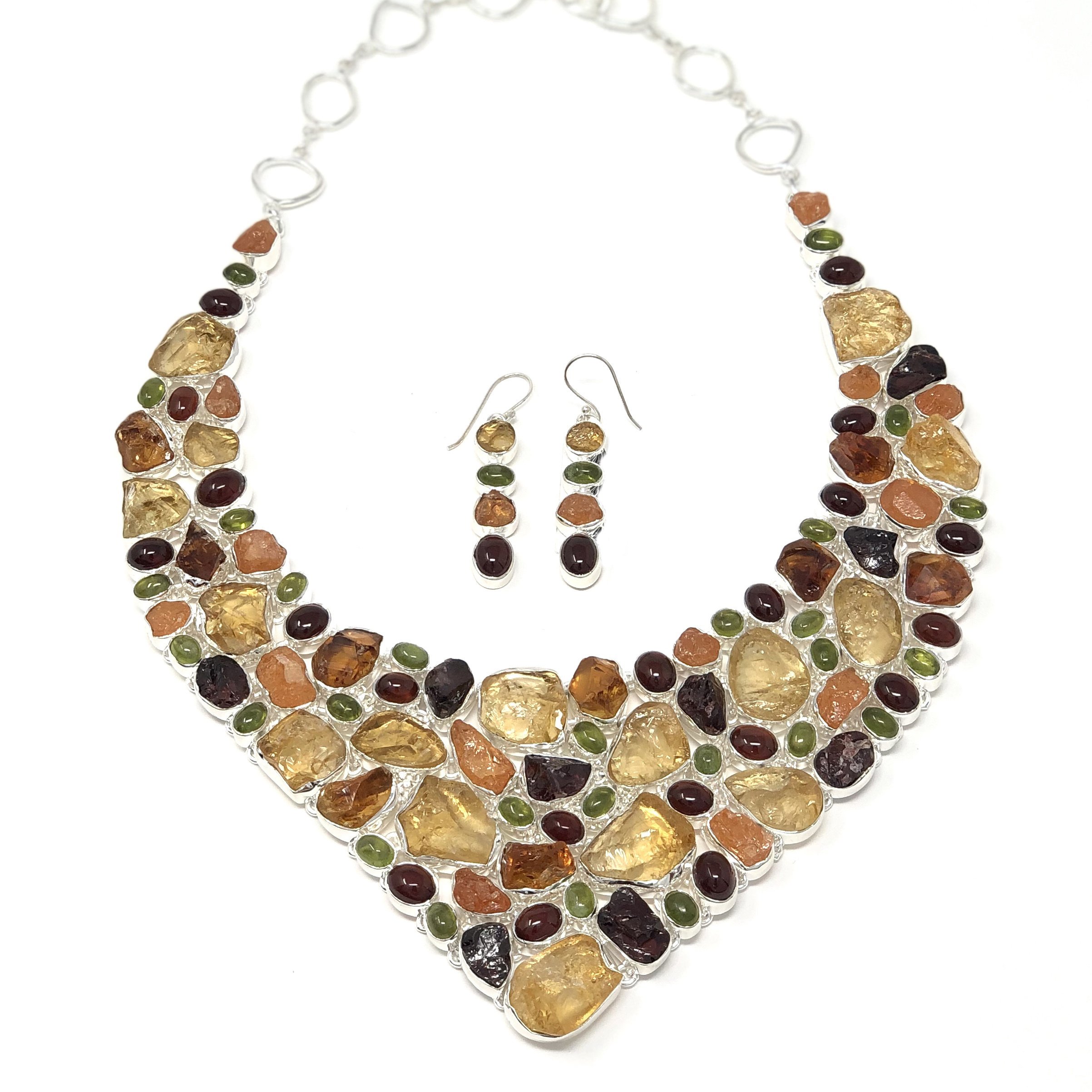 Fall Colors Multi Gemstone Necklace Set -Citrine-hessonite Garnet-peridot & Carnelian Cabachons