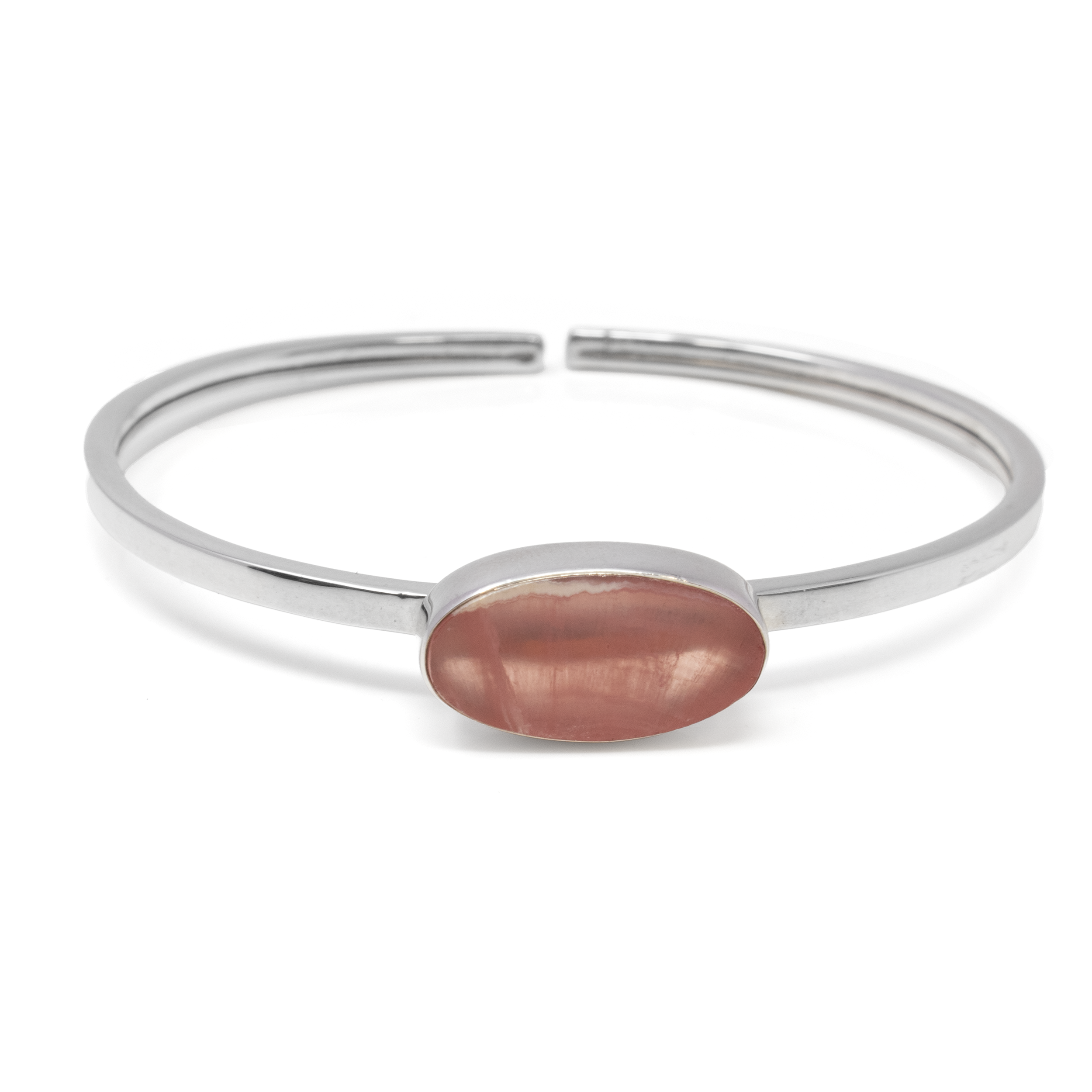 Rhodochrosite Twist Bracelet - Flat Cut Oval With Silver Bezel