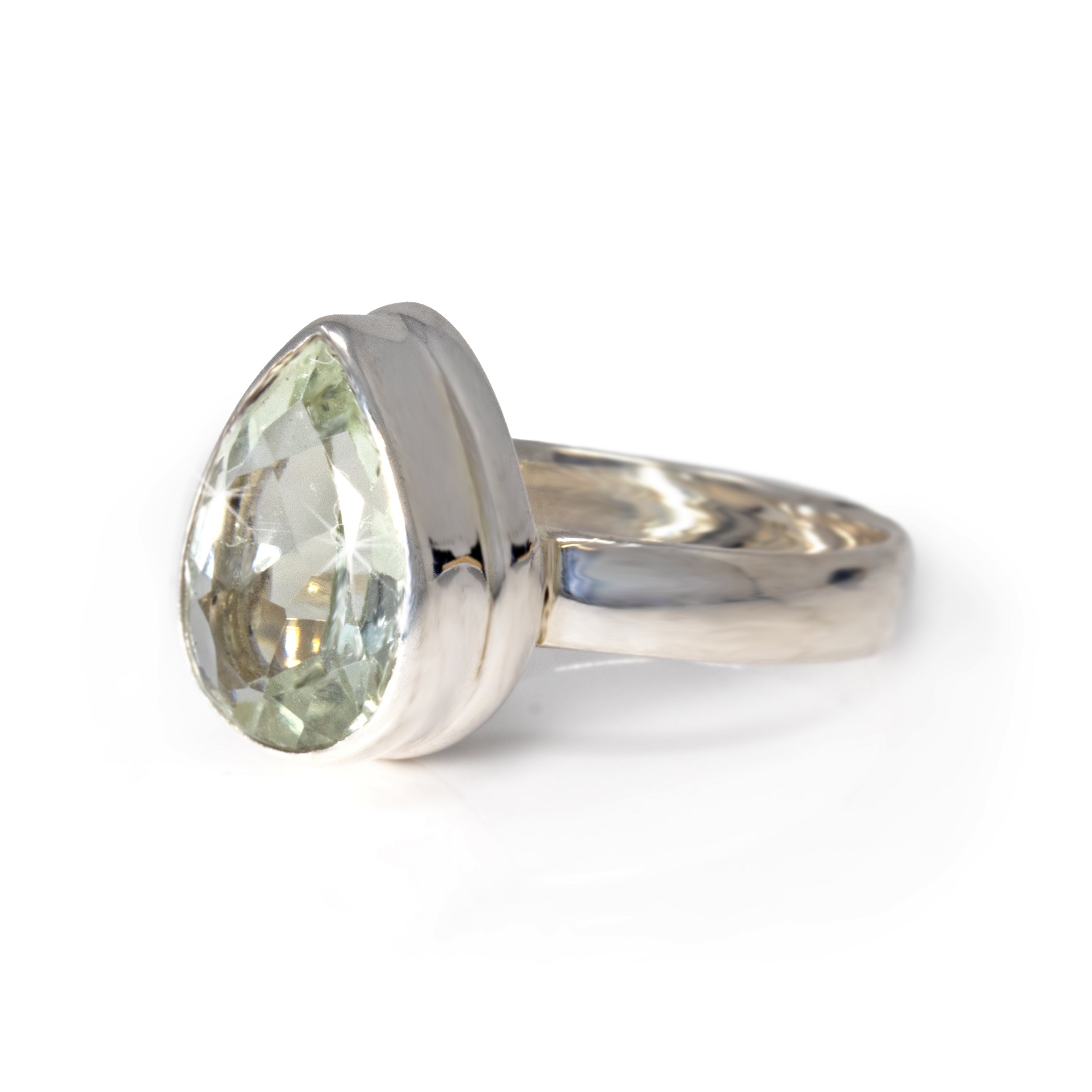 Prasiolite Faceted Ring Size 8 - Pear With Silver Step Bezel