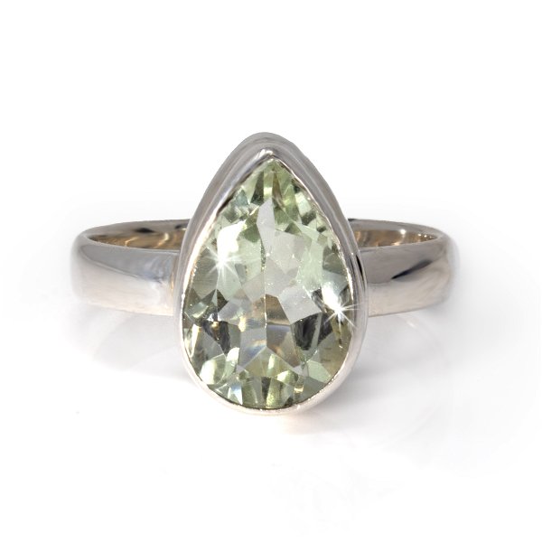 Closeup photo of Prasiolite Faceted Ring Size 8 - Pear With Silver Step Bezel
