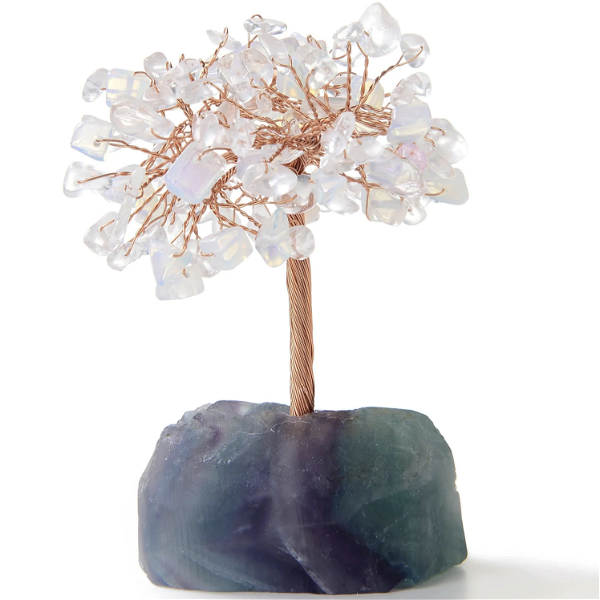 Closeup photo of Opalite & Quartz Beaded Tree on Fluorite Base