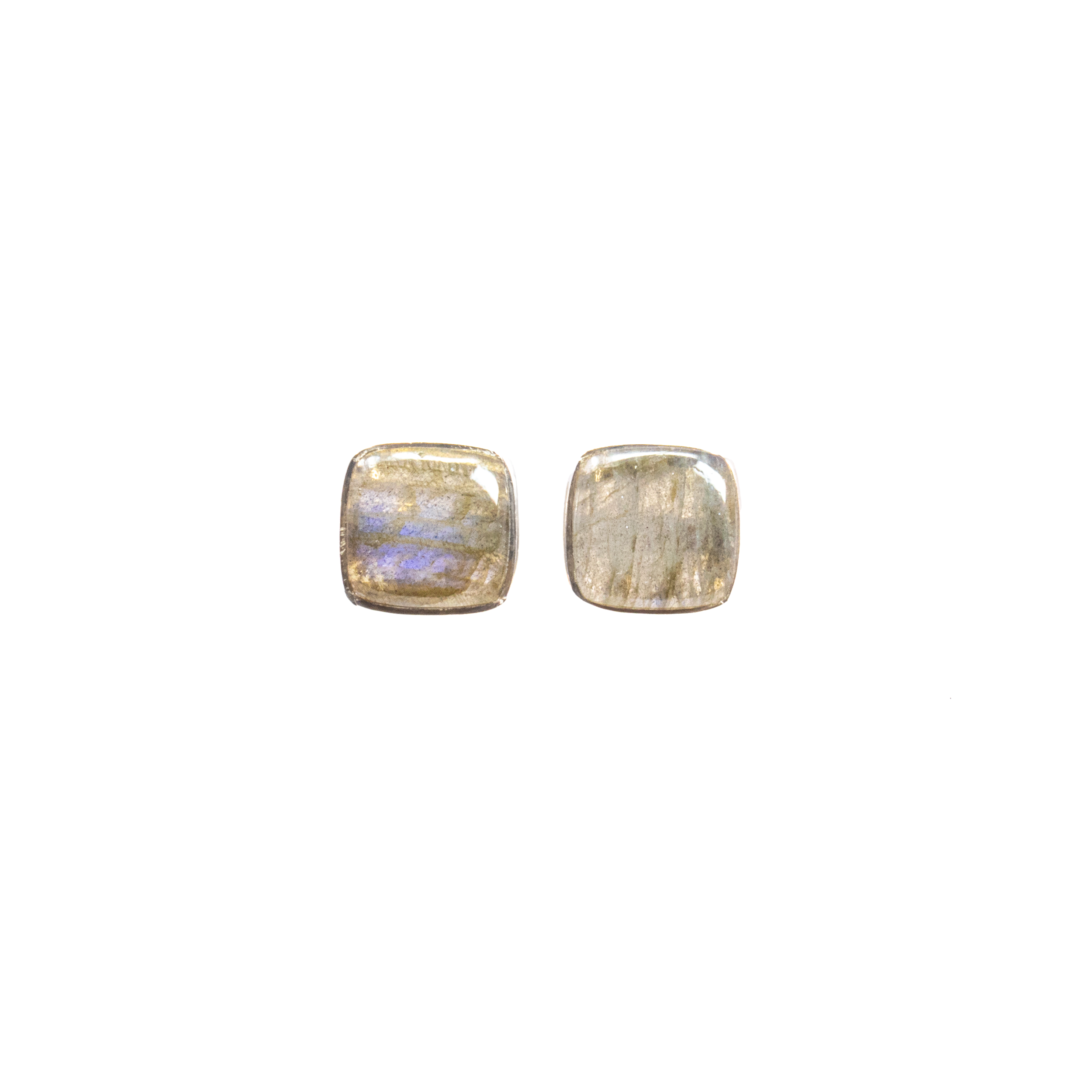 Labradorite Stud Earrings - Square Cabochon With Simple Silver Bezel