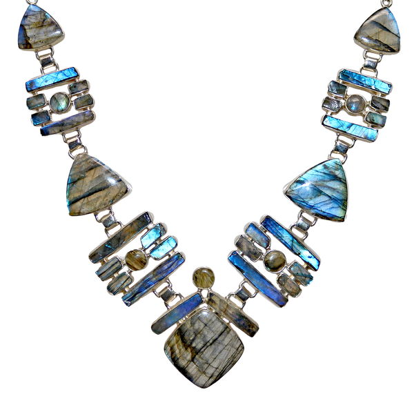 Closeup photo of Labradorite Necklace - 4 Classic Triangle Cabochons With Diamond Set Square Centerpiece & 4 Flat Cut Bar Mosaics With Round Cabochon Centers Set In Silver Bezels