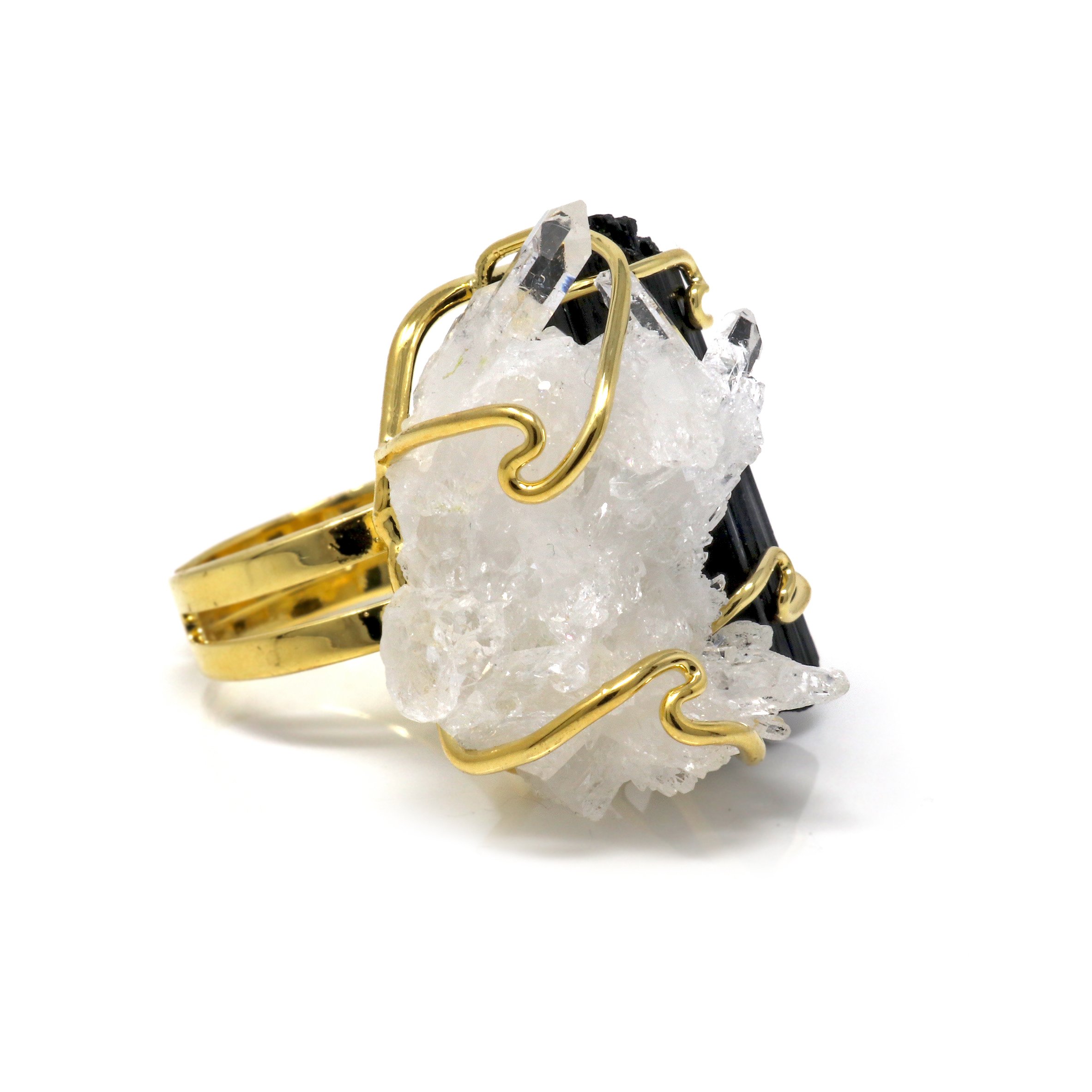 Black Tourmaline & Quartz Crystal Ring - Gold Overlay Brass