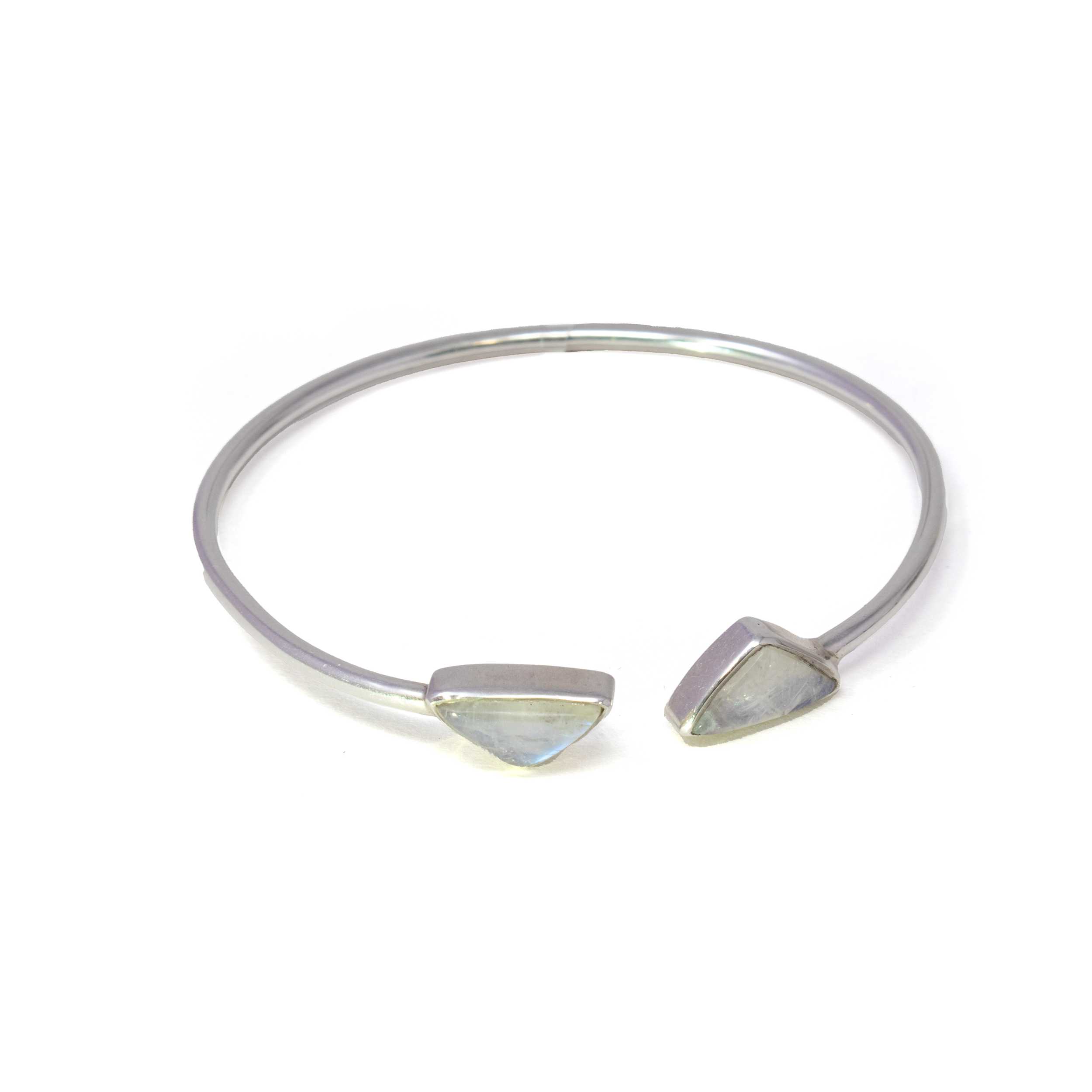 Rainbow Moonstone Twist Bracelet - 2 Isosceles Triangles With Silver Bezels On Open Band