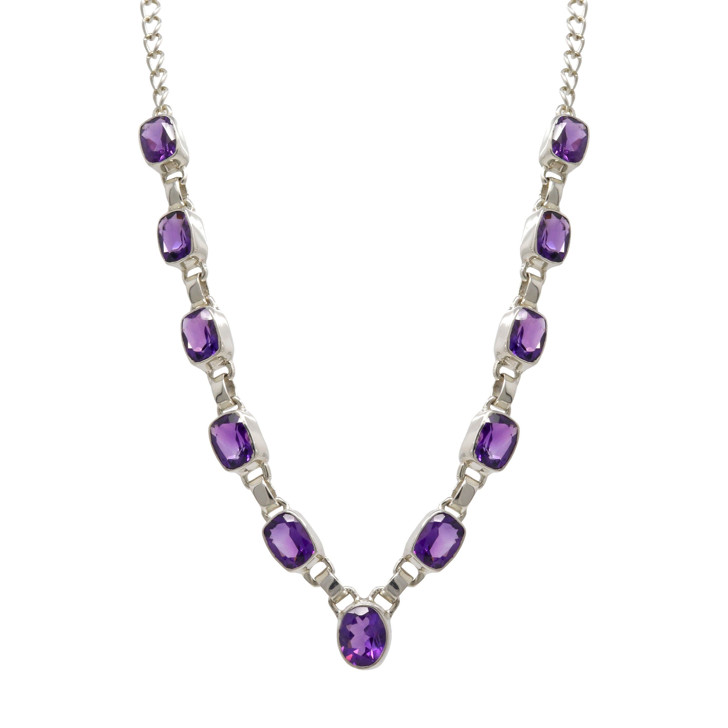Faceted Amethyst Necklace - 10 Rectangles With 1 Oval Centerpiece Set In Simple Silver Bezels