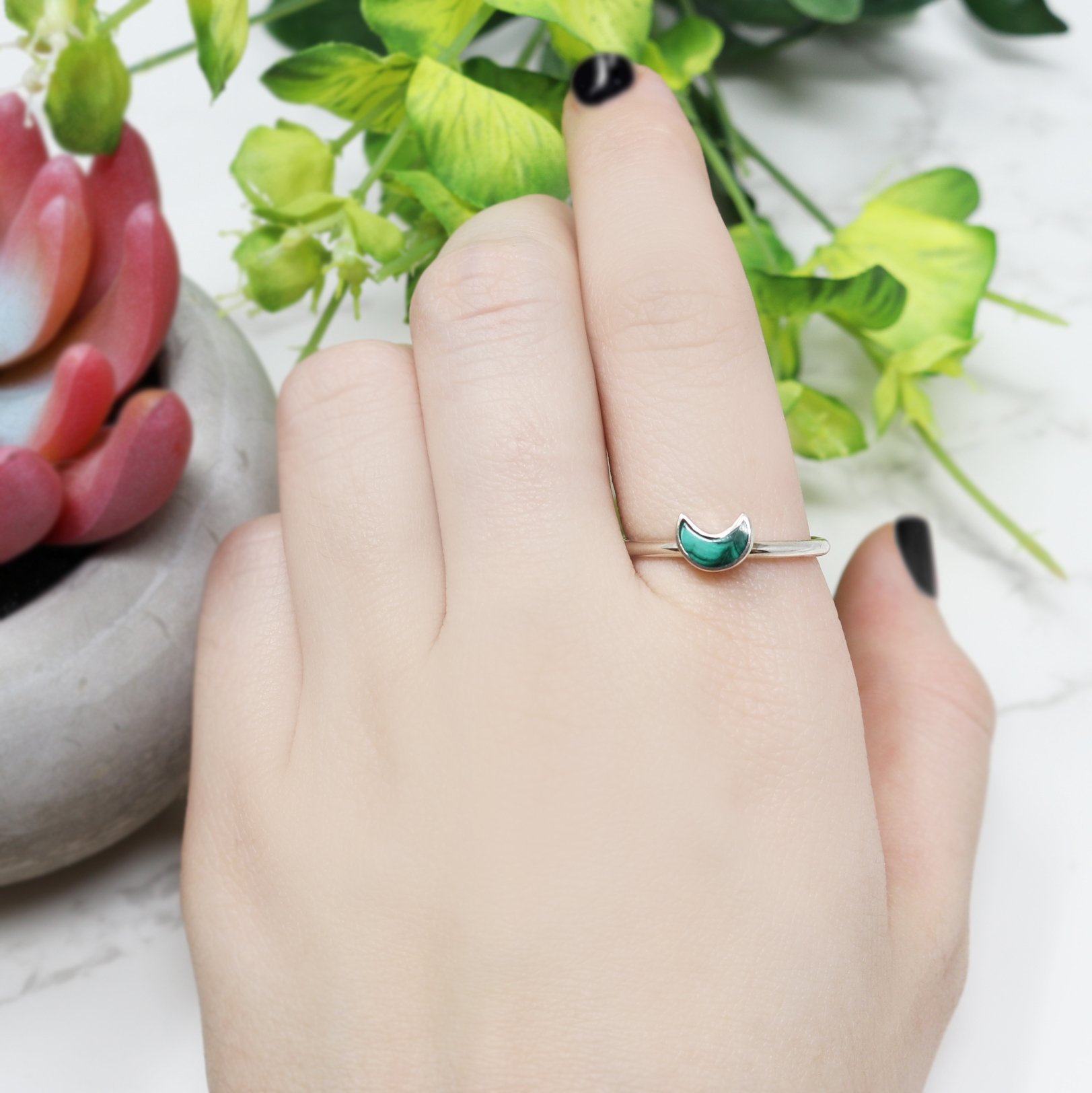 Malachite Ring - Crescent Moon With Silver Bezel Sz7