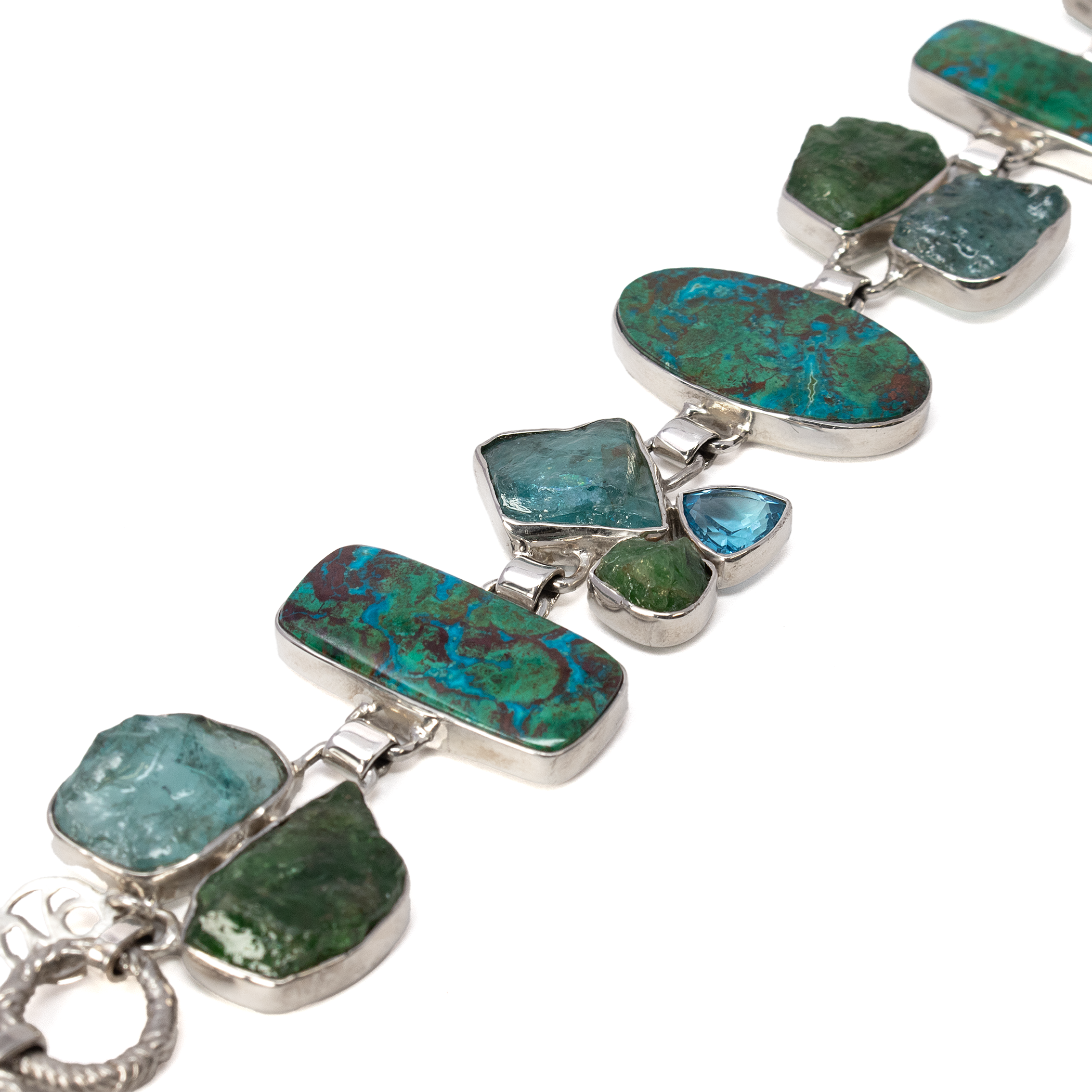 Chrysocolla Malachite Link Bracelet - 3 Geometric Cabochons With Rough Blue Apatite & Emerald Freeforms With Faceted Blue Topaz Set In Silver Bezels