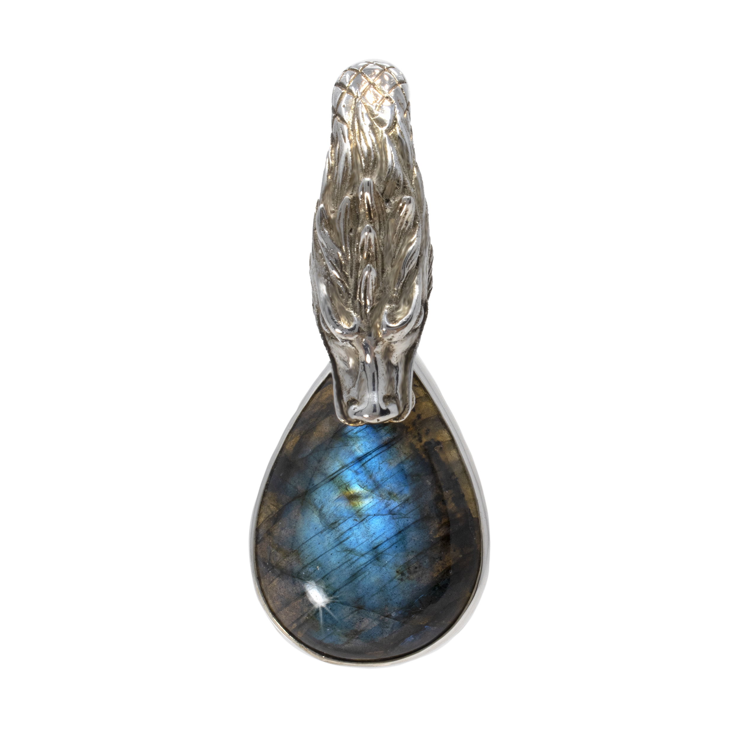 Labradorite Dragon Pendant with Pear Cabochon & Ornate Silver Dragon Head