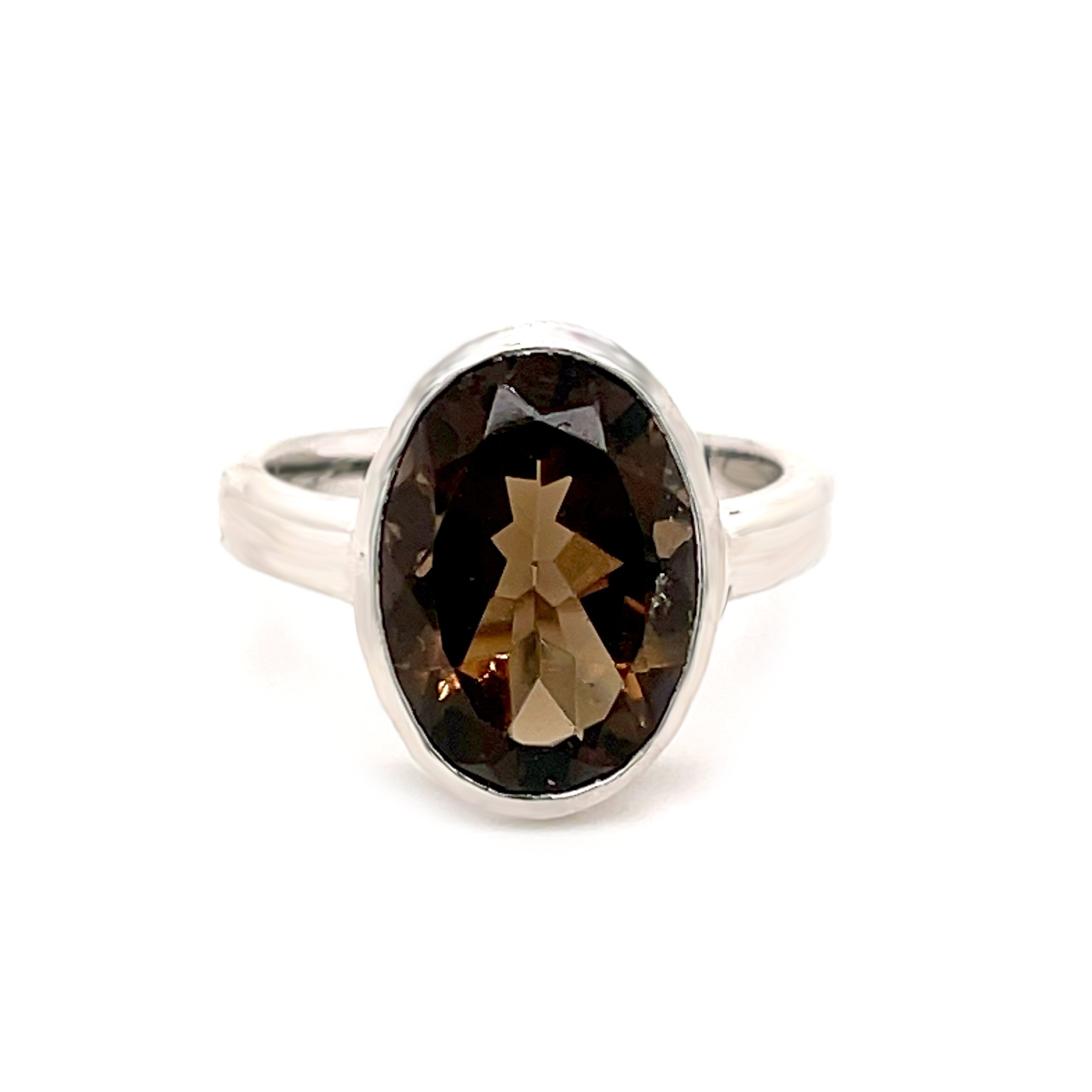 Smoky Quartz Ring Size 7 - Faceted Oval With Raised Silver Cutout Bezel & Tapered Band